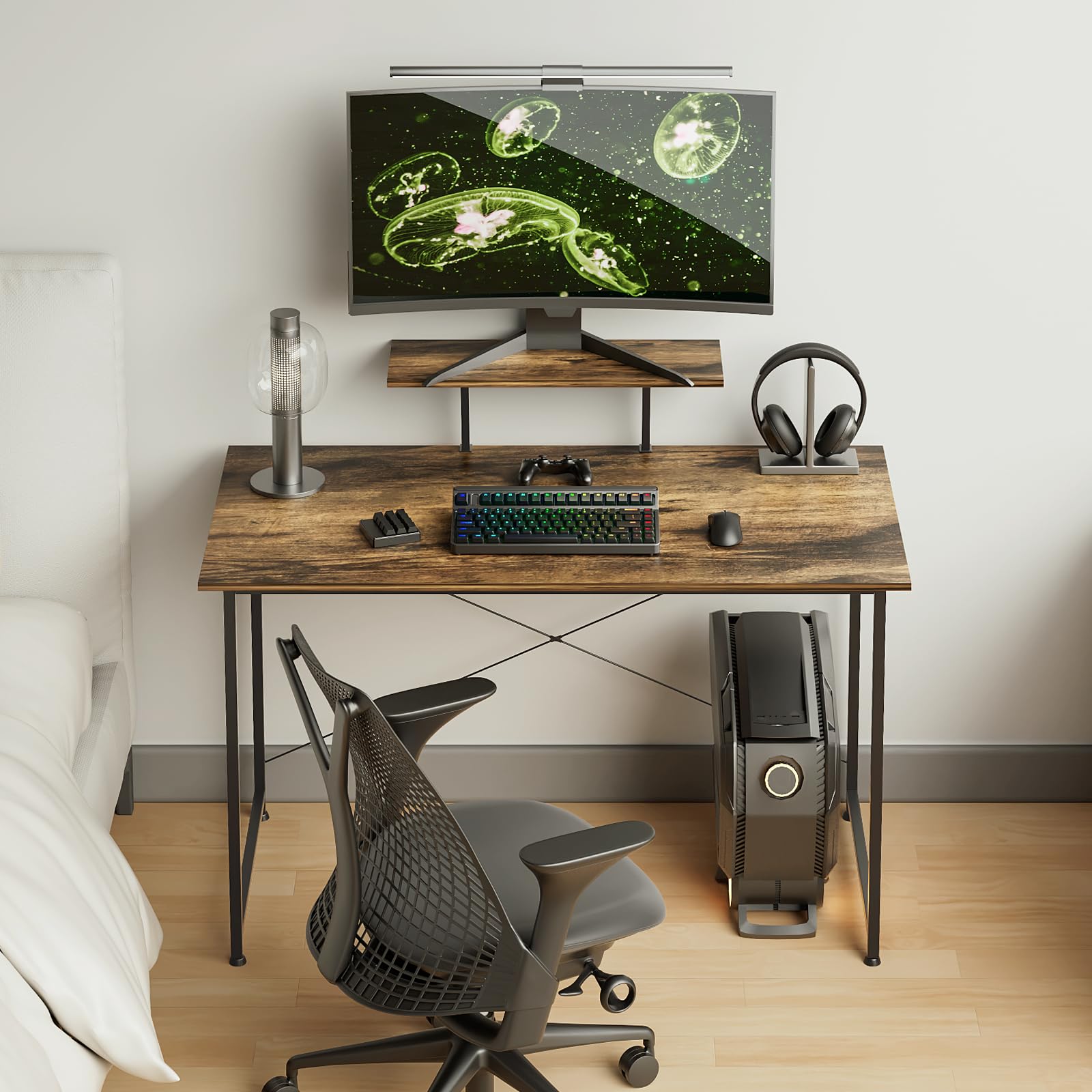 MoNiBloom 47-inch Modern Computer Desk with Monitor Stand | 2-Tier Storage Desktop for Home Office & Study | Durable Cinnamon Cherry Workstation | Perfect for Small Spaces, Gaming & Remote Work