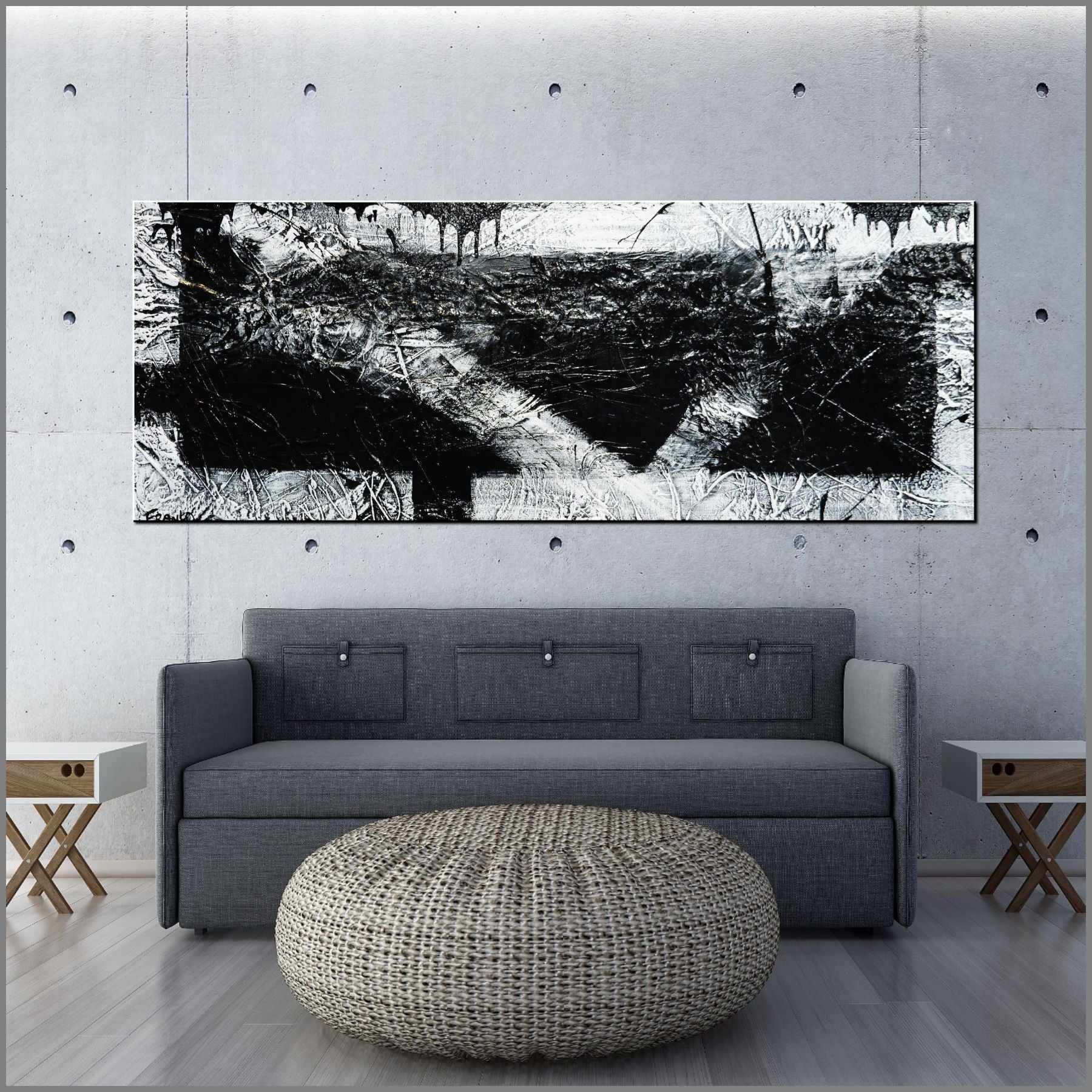 Modern Abstract Black and White Textured Painting - 160cm x 60cm Geometric Wall Art for Living Room, Bedroom & Office Decor