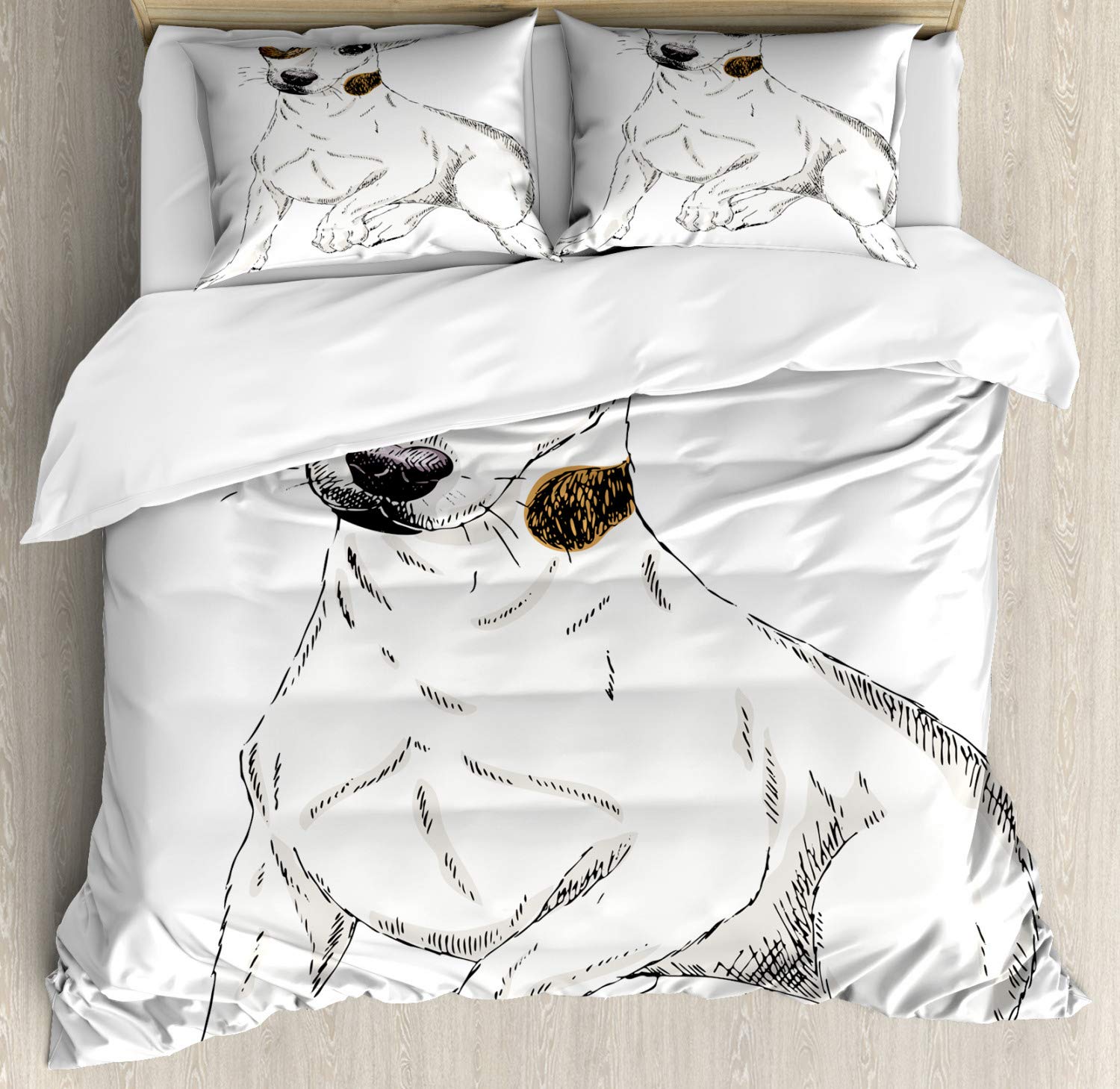 Ambesonne Jack Russell Duvet Cover Set - Sketch Style Puppy Portrait Pet Shelter Hand Drawn Terrier Design - 3 Piece Queen Size Bedding Set with 2 Pillow Shams in Cream & Pale Brown - Perfect for Dog Lovers' Bedroom Decor & Gift Idea