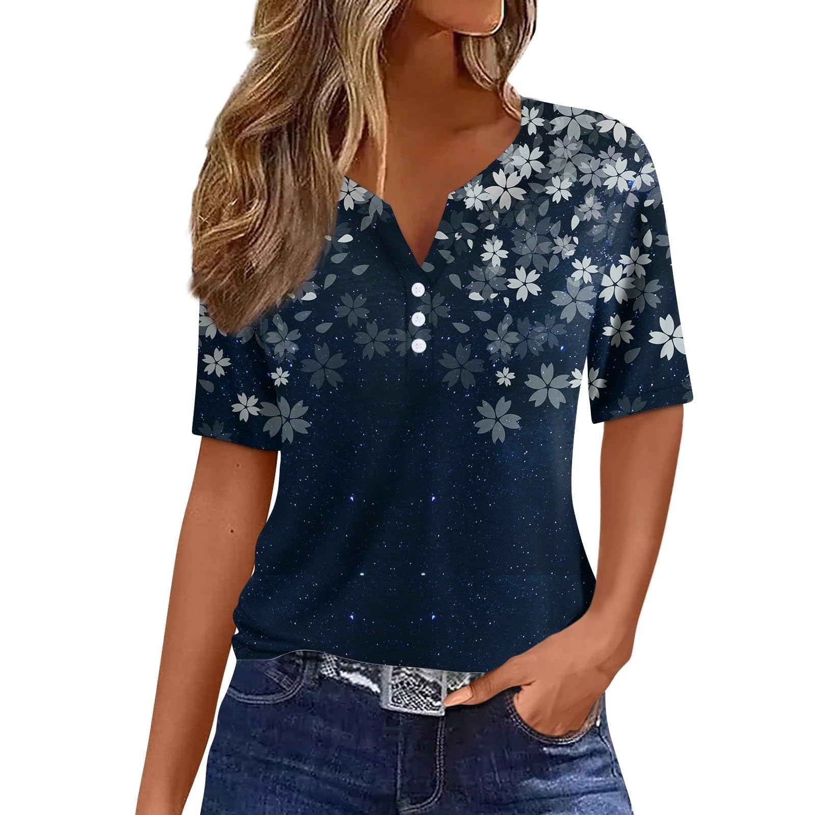 Women's Floral Boho Blouse - Trendy Button-Down V-Neck Short Sleeve Top for Summer | Casual & Dressy Going Out Tops for Beach, Date Night & Office Wear