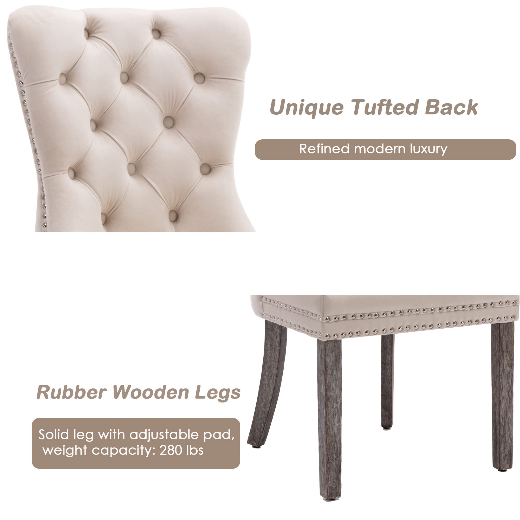 KCC Velvet Dining Chairs Set of 4 - Upholstered Tufted High Back Dining Chairs with Nailhead Trim & Solid Wood Legs, Modern Kitchen Dining Room Chairs for Home, Restaurant, Cafe - Beige Velvet Nikki Collection