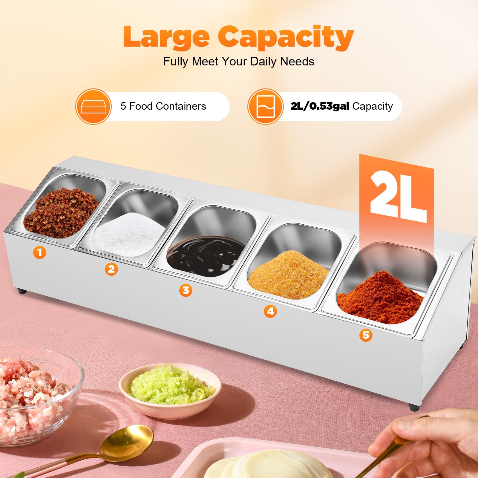 Stainless Steel Spice Rack Shelf - 5 Tier Inclined Organizer with Lids for Spices, Jams & Condiments (33.9x8.9x8.7in) - Perfect for Home Kitchens, Restaurants & Countertop Prep Stations