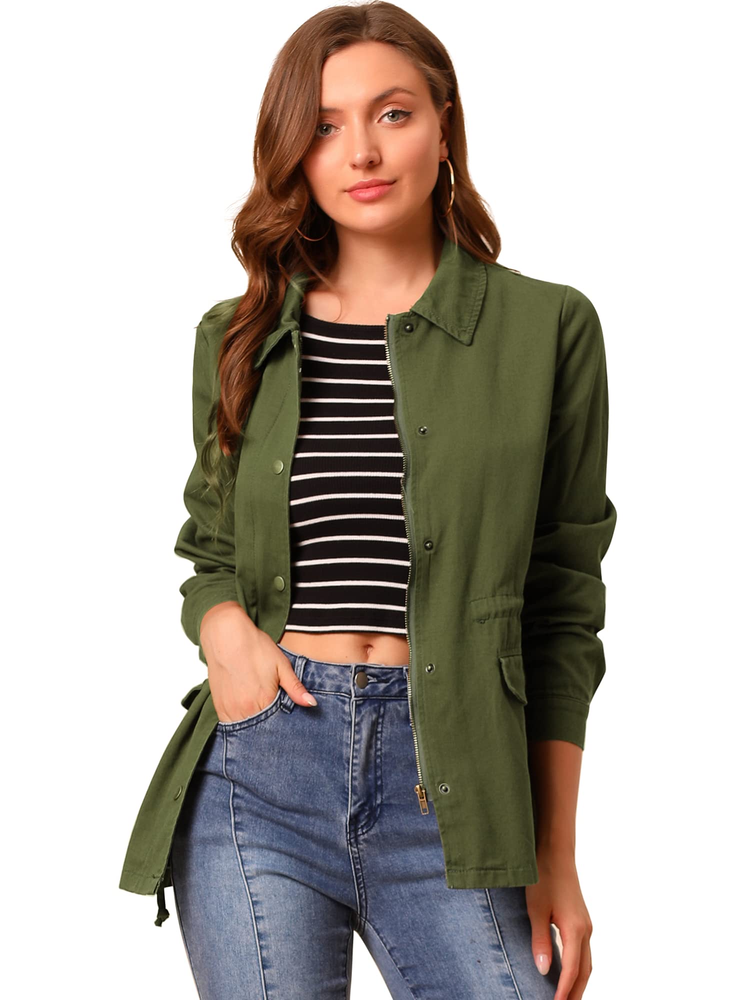 Allegra K Women's Lightweight Utility Jacket with Drawstring Waist & Flap Pockets - Spring 2025 Fashion Outerwear for Casual Wear, Travel & Outdoor Activities