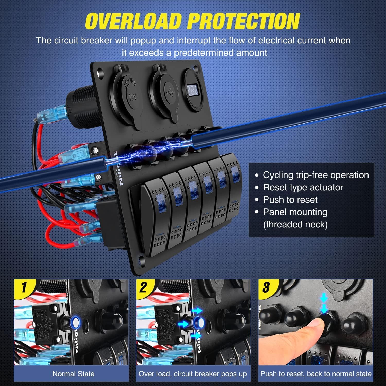 6 Gang ON/Off Blue LED Rocker Switch Panel with PD Type C & Dual USB Ports, 12V Cigarette Lighter Socket and Voltmeter - Perfect for RV, Boat, Truck, and Marine Electrical Systems