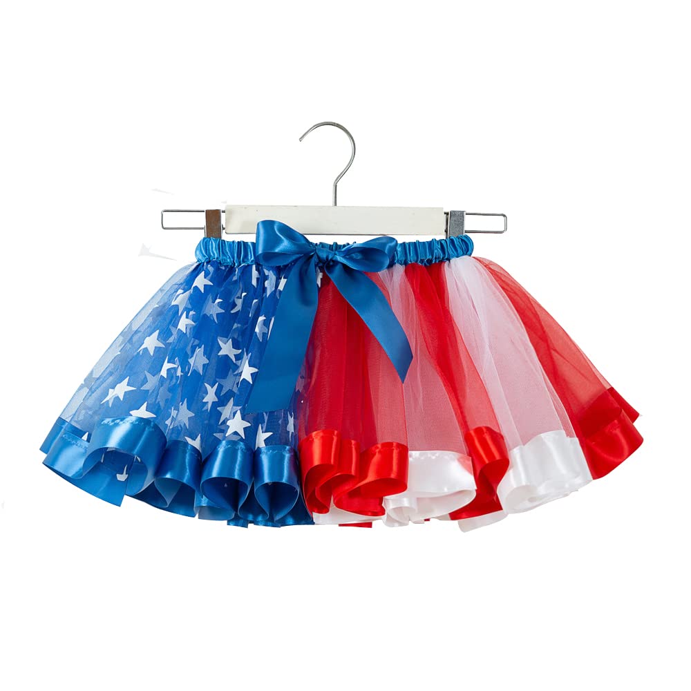 4th of July Girls Patriotic Tutu Skirt Set - Red White Blue US Flag Skirt with Star Necklace & Hair Bows - Perfect for Independence Day Parades, Parties & Photo Shoots