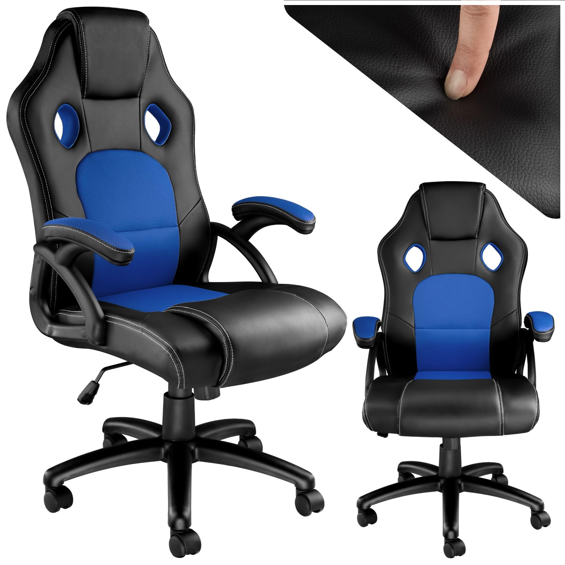 TecTake® Ergonomic Office Chair with Wheels - Heavy Duty Gaming Chair with Thick Padding, Adjustable Height & Lumbar Support - Perfect for Home Office & Gaming Setup - Black/Blue