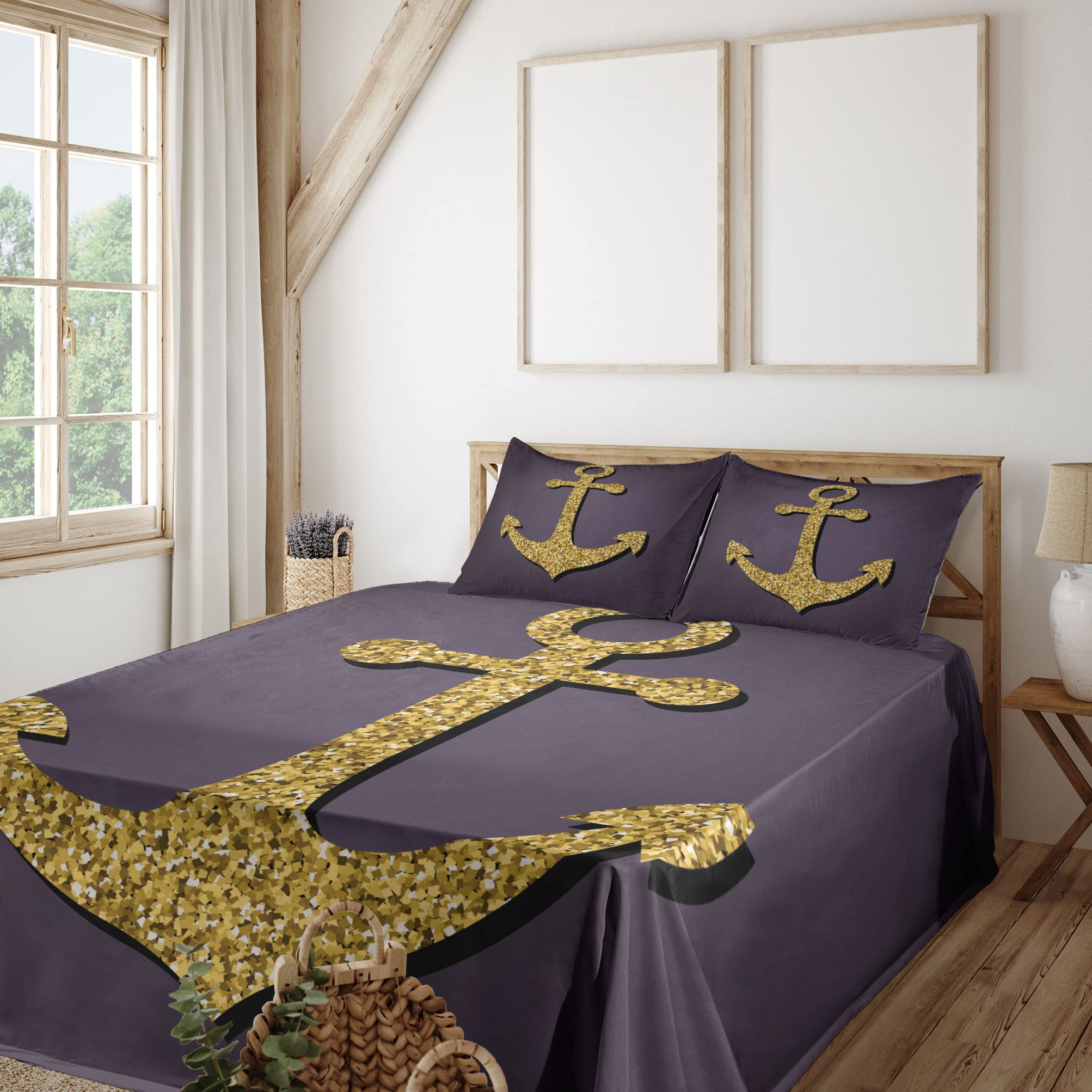 Ambesonne Anchor Sheet Set 4-Piece King Size - Nautical Marine Print in Plum Yellow | Fitted Sheet, Flat Sheet & Pillowcases | Coastal Bedroom Decor for Beach House or Sailor-Themed Room