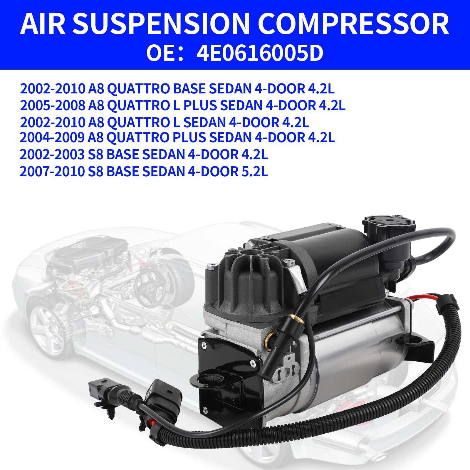 Replacement Air Suspension Compressor for Audi A8 D3 4E (2002-2010) - Compatible with 6-8 Cylinder Models - OEM Part Numbers 4E0616007D, 4E0616007B, 4E0616007, 4E0616005F, 4E0616005D, 4E0616005H - Perfect for Smooth Ride & Suspension Repair