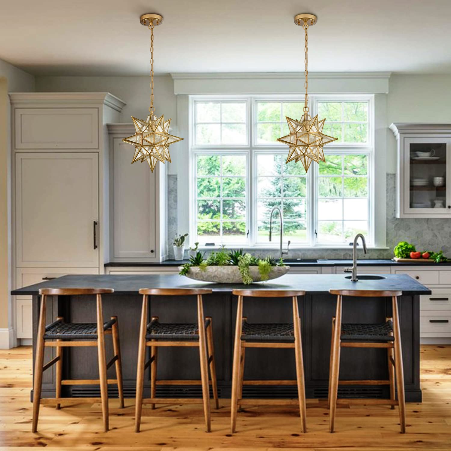DIRYZON 13-Inch Modern Moravian Star Pendant Light - Gold Hanging Ceiling Light with Seeded Glass for Kitchen Island, Dining Room, Bedroom & Living Room Lighting