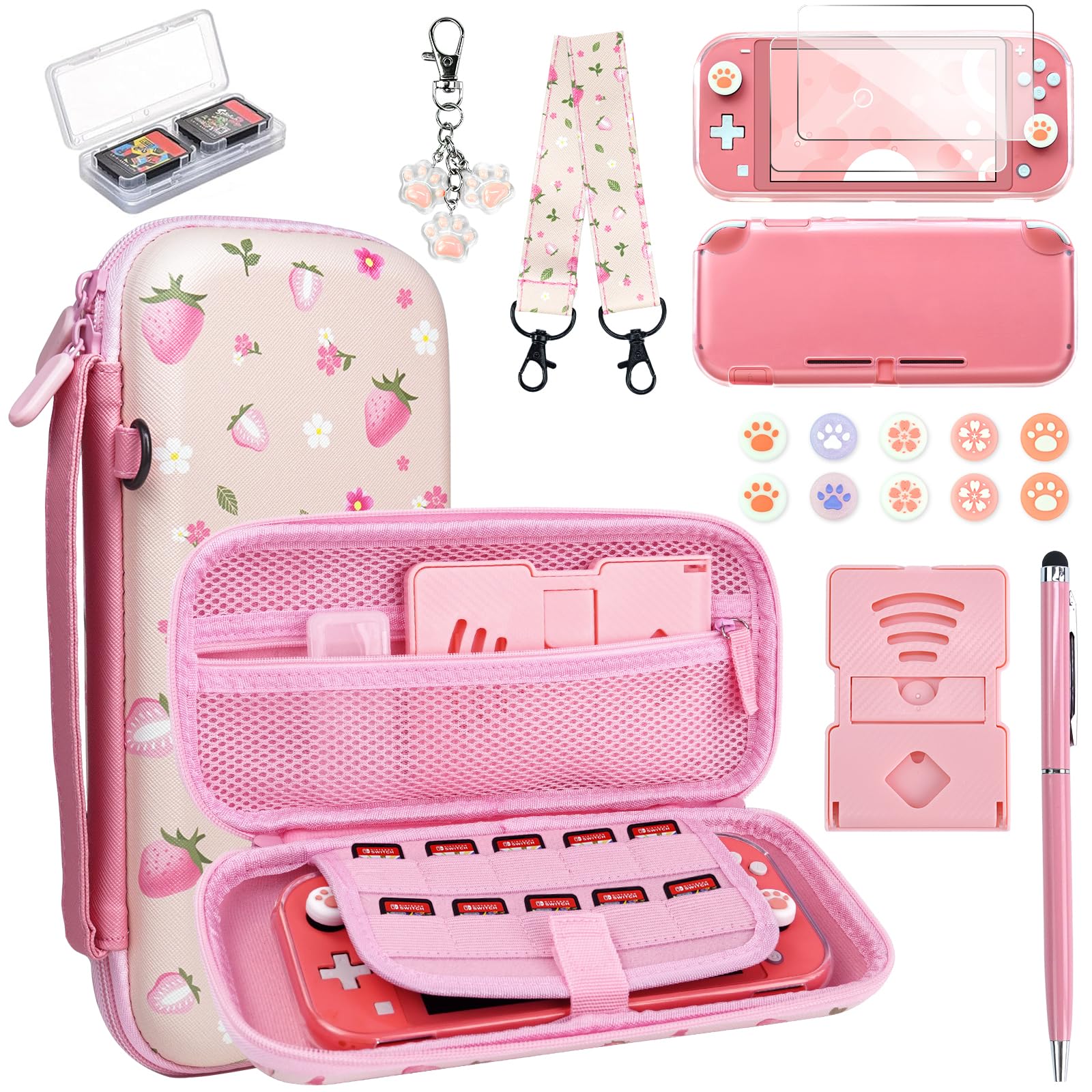 FIWWAT Switch Lite Case - 19-in-1 Protective Bundle for Nintendo Switch Lite with Thumb Grips, Clear Case, Screen Protector, Stand, Stylus & Cute Pendant | Perfect for Travel, Gaming On-The-Go & Girls Who Love Pink Accessories