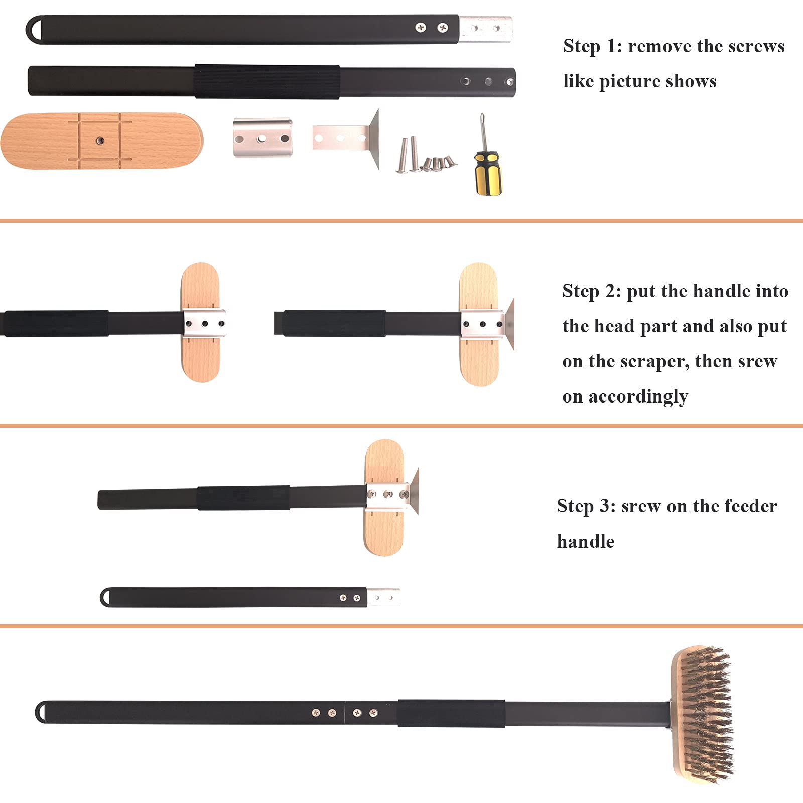 PARTYON Heavy-Duty Pizza Oven Cleaning Brush with Extra Thick Brass Bristles & Metal Scraper - Perfect for Wood Fired Ovens, Outdoor Grills & Camping Cooking