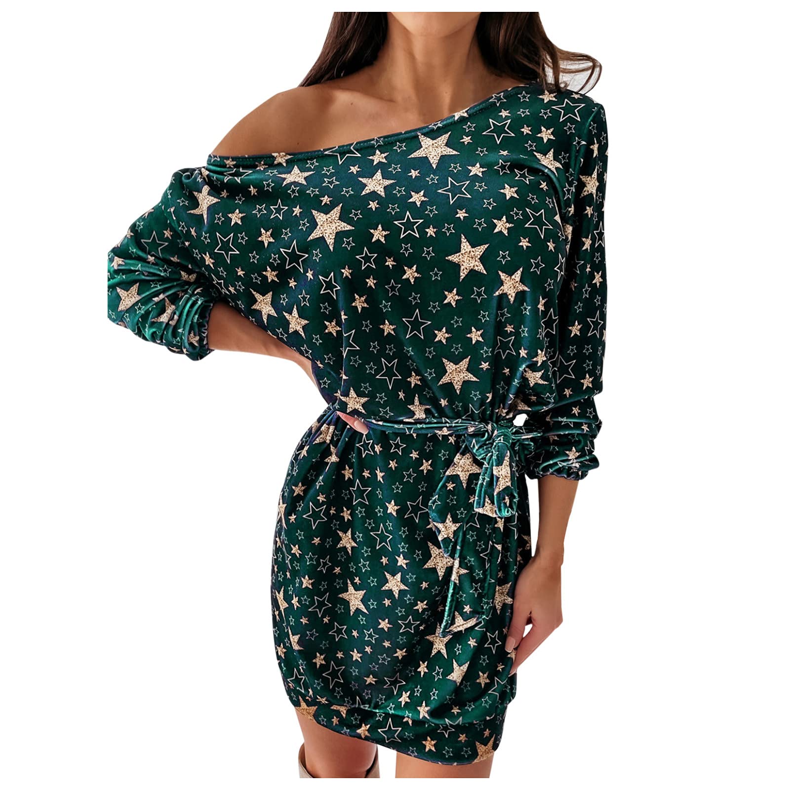 Women's Casual Loose Long Sleeve Dresses with Christmas Star Print & Beaded Details - Plus Size Flowy Party Dress for Holiday Gatherings, Christmas Parties & Special Occasions