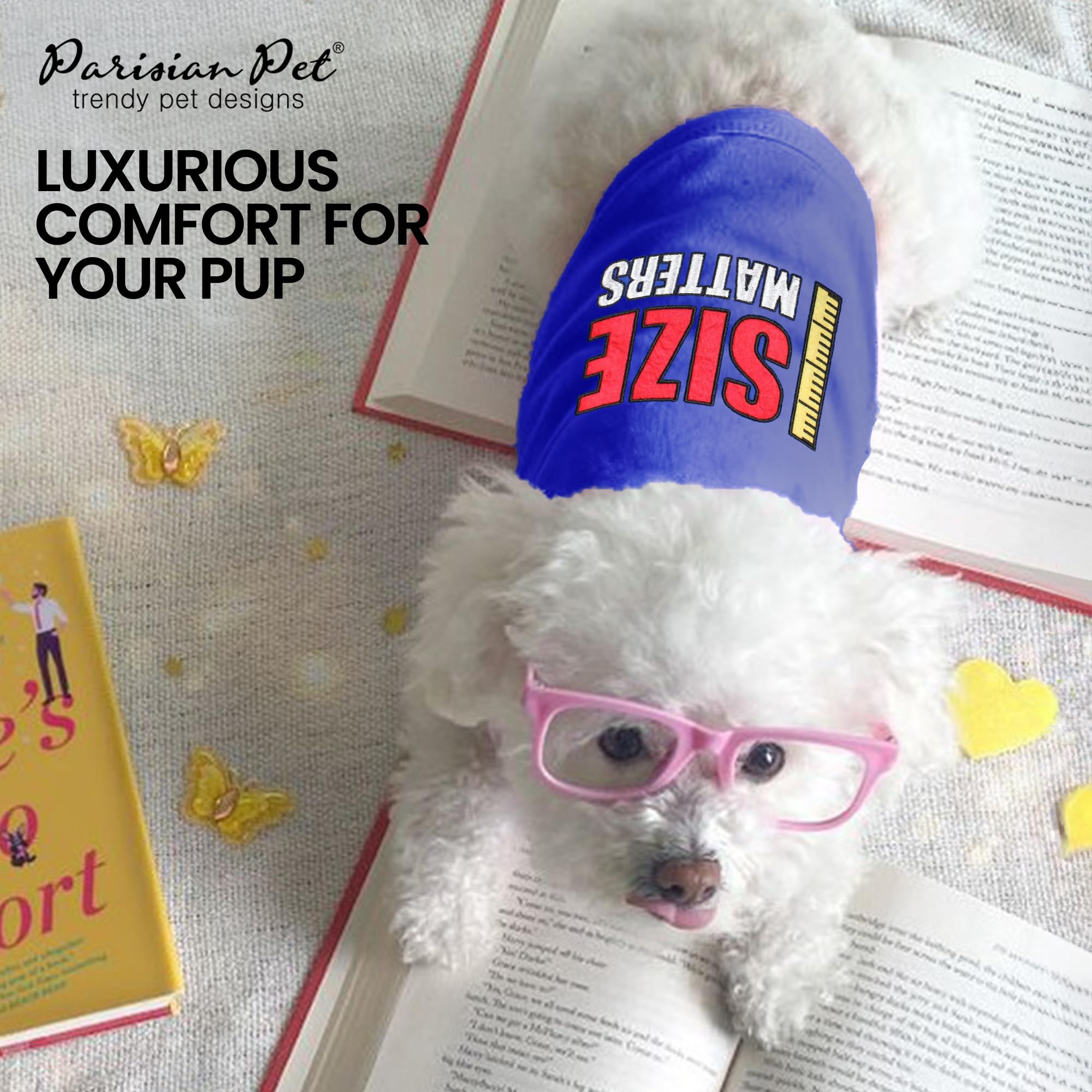 Parisian Pet Dog T-Shirt - Embroidered 'Size Matters' Cotton Sleeveless Tee - Lightweight & Machine Washable Dog Clothes for Medium Breeds - Perfect for Summer Walks & Outdoor Adventures