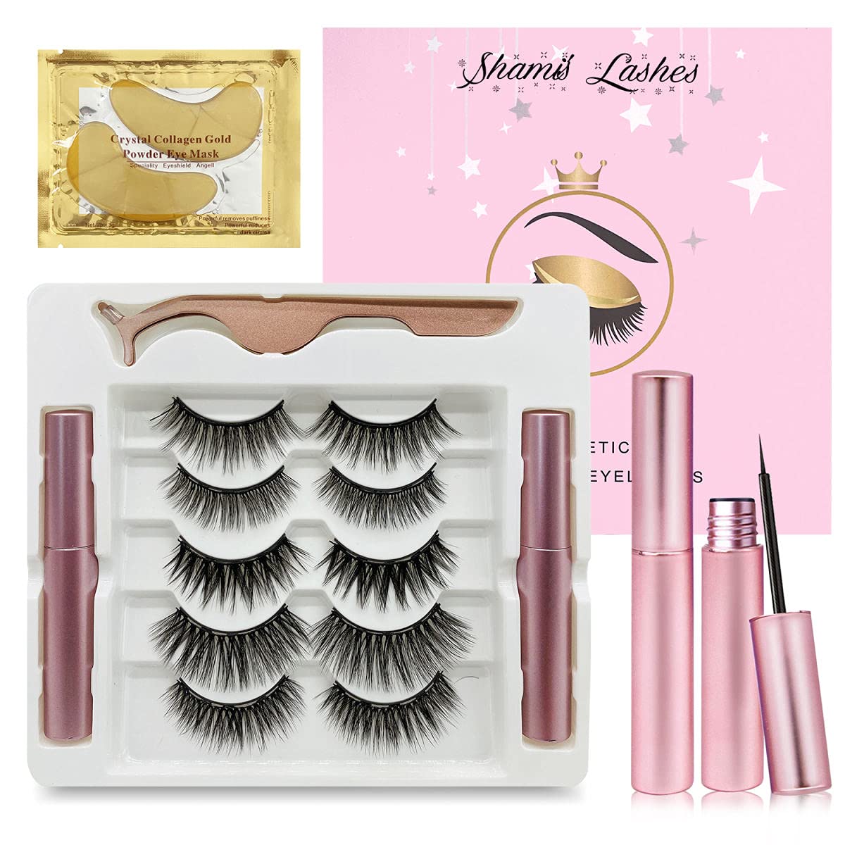 Shami's Magnetic Eyelashes with Eyeliner Kit - 5 Pairs Reusable False Lashes Set with Tweezers | Natural to Dramatic Look for Everyday Wear, Date Night & Parties | Cruelty-Free & Easy Application