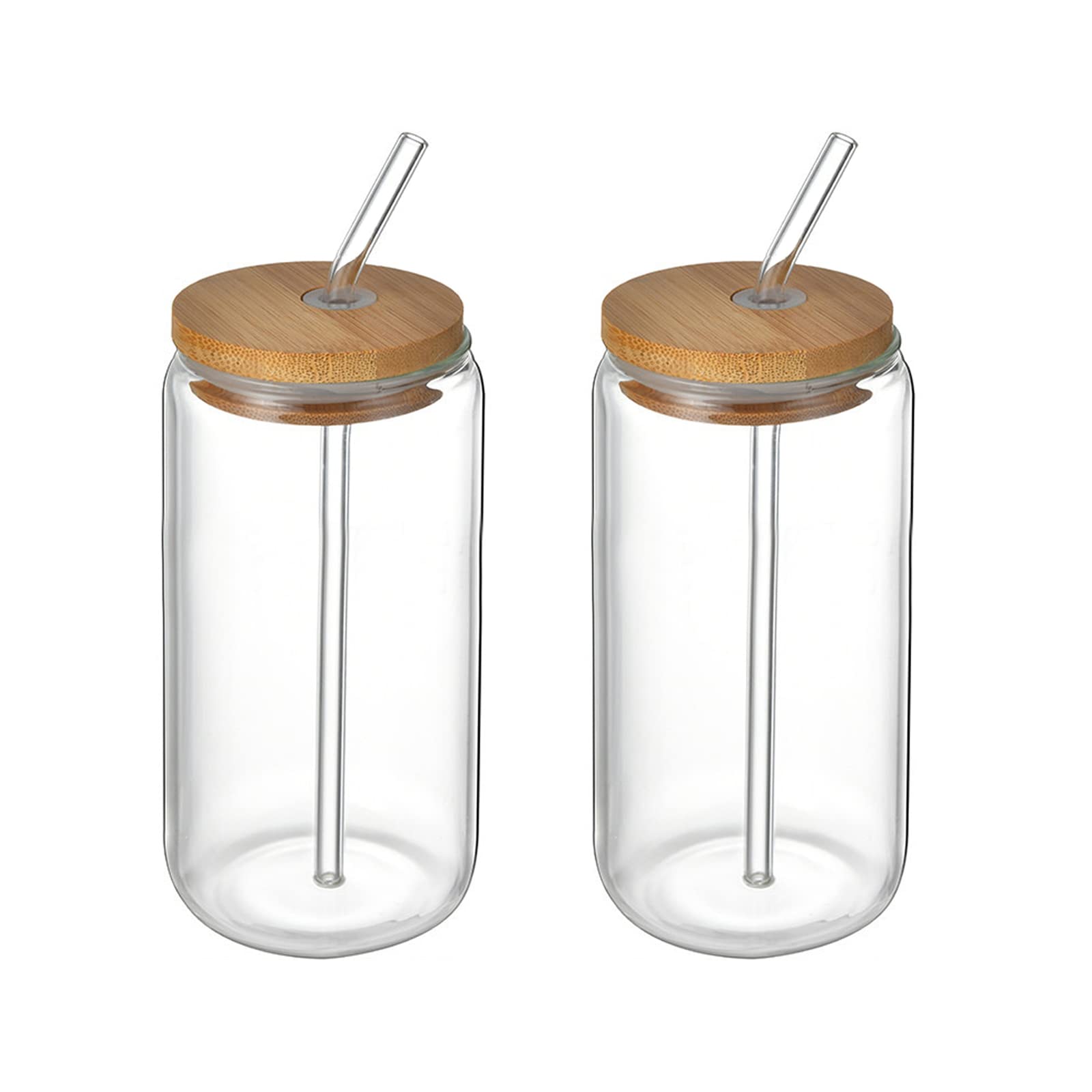 XHONG 2 Pack Beer Can Shaped Glasses with Bamboo Lids & Glass Straws - 16oz Clear Tumbler Cups for Iced Coffee, Juice, Soda, Cocktails & Cold Drinks - Perfect for Home Bars, Parties & Outdoor Gatherings