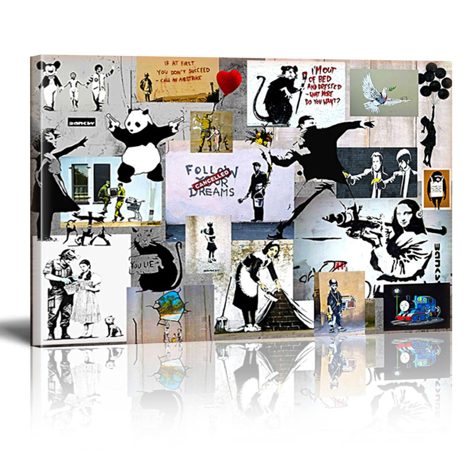Abstract Banksy Graffiti Collage Wall Art - Famous Painting Poster Print on Canvas (60x100cm/24×40 inches) with Inner Frame - Ready to Hang for Living Room, Bedroom & Office Decor