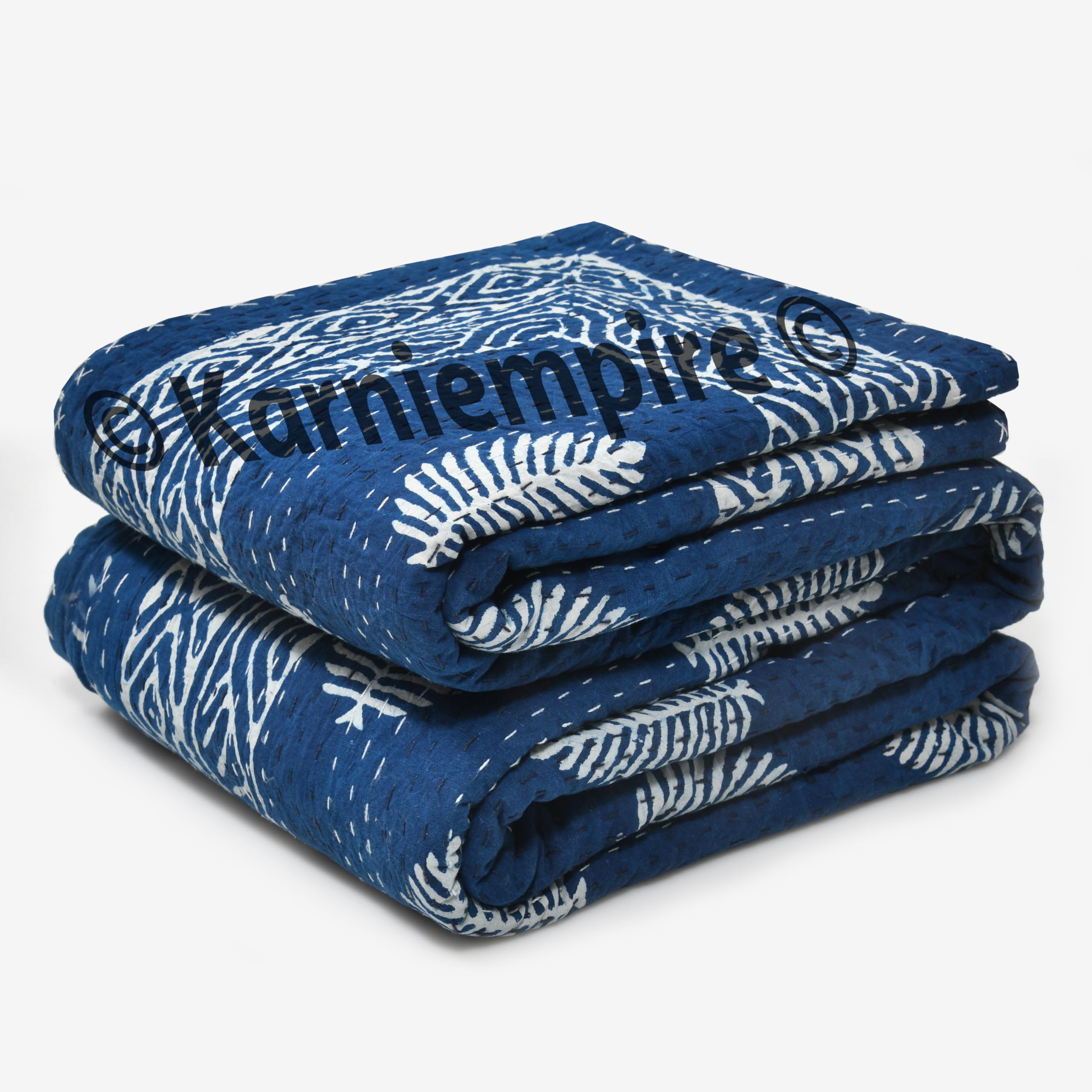 Handmade Indian Kantha Quilt - Reversible Bohemian Bedspread, Throw Blanket & Comforter in Leaf-Indigo Print (Twin/Queen/King/Super King 108