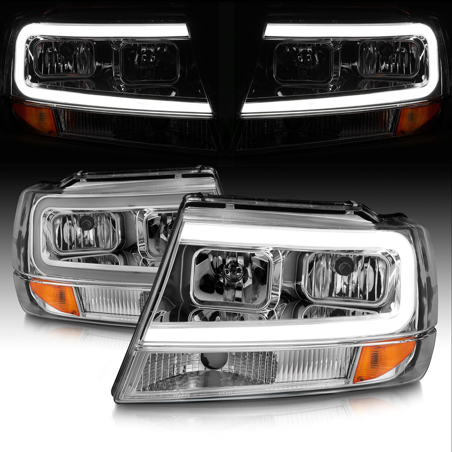 1999-2004 Jeep Grand Cherokee LED Headlights - AmeriLite Crystal Chrome Replacement Light Bar Set (Driver & Passenger Side) | Off-Road & Night Driving Upgrade
