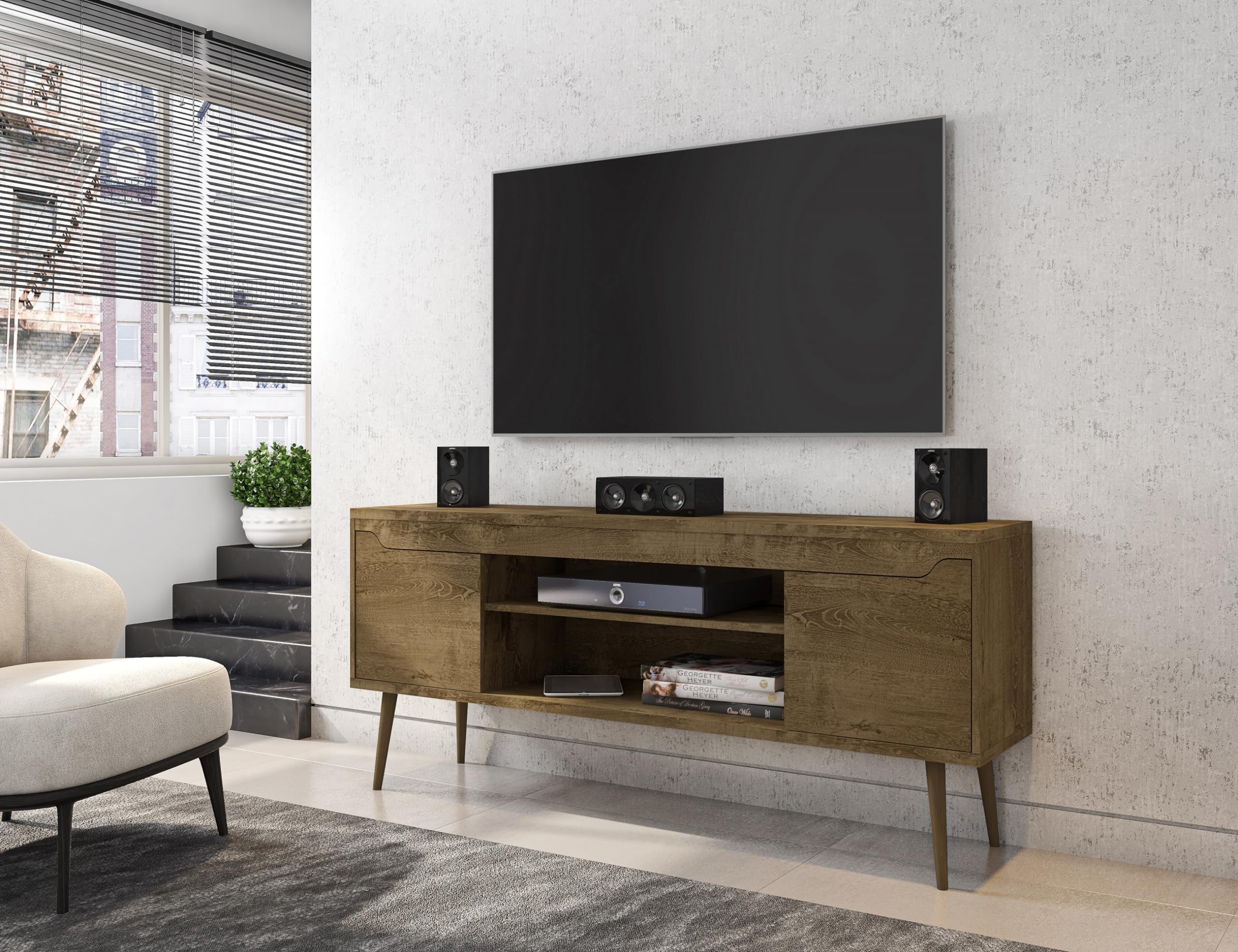 Mid Century Modern TV Stand for 60 Inch TVs - Bradley Rustic Brown Entertainment Center with Storage Shelves & Soft Close Doors - Perfect for Living Room & Home Theater Setup