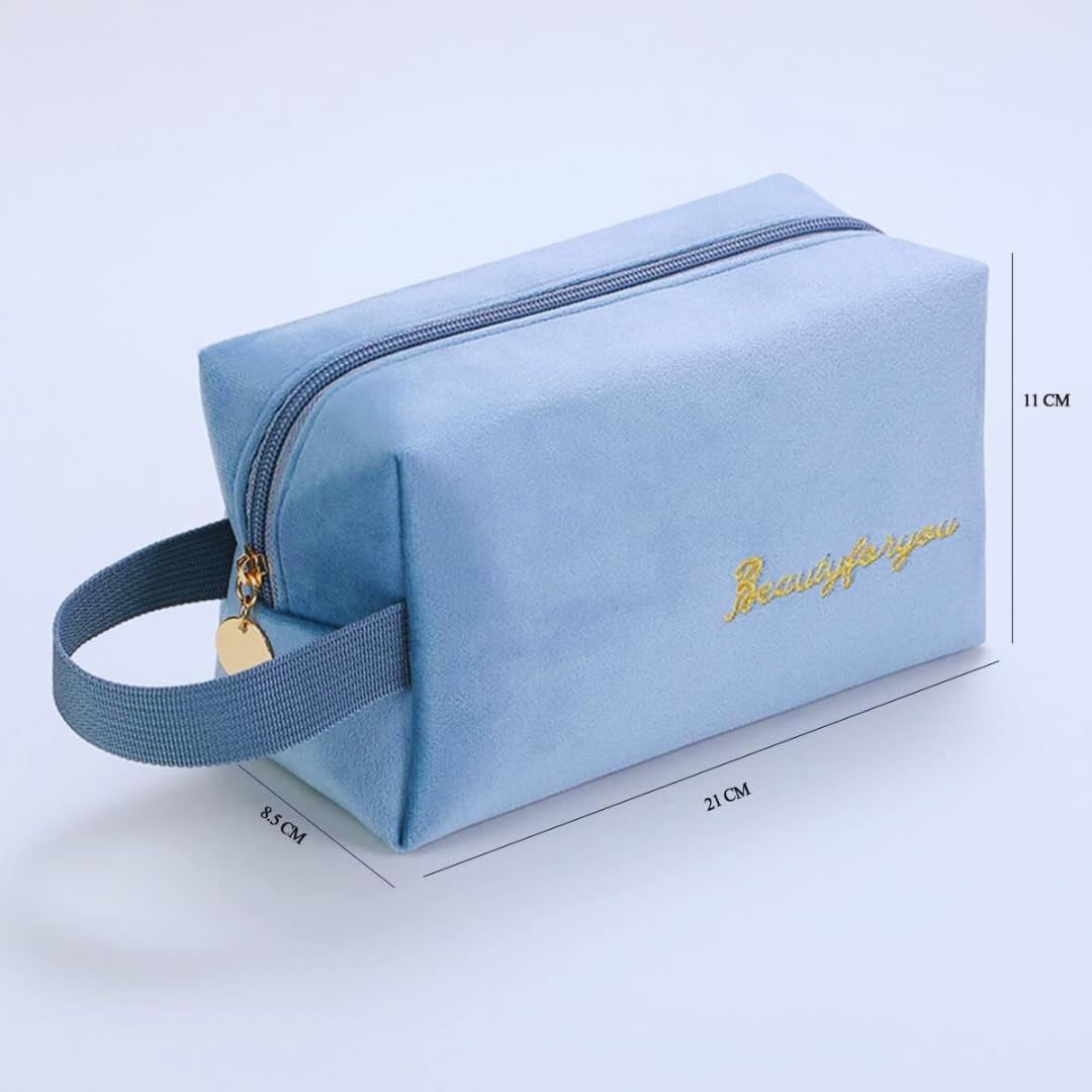 Blue Beads Mini Velvet Makeup Pouch - Simple Cosmetic & Toiletry Travel Bag for Women & Girls | Portable Organizer for Purse, Gym, Vacation Essentials (Blue)