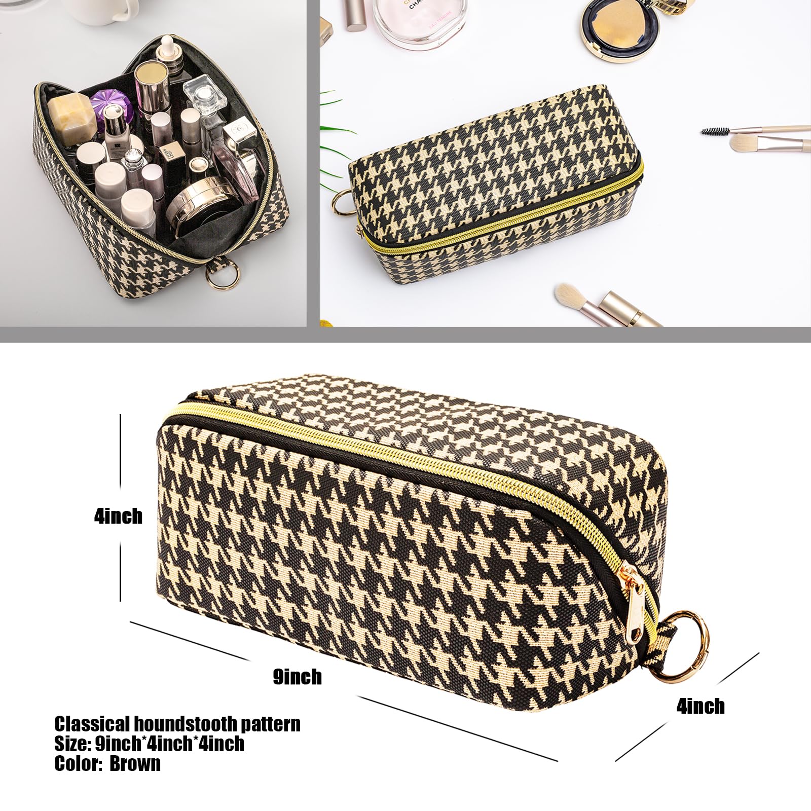 Houndstooth Checkered Makeup Bag - Travel Makeup Organizer & Toiletry Pouch for Brushes, Cosmetics & Travel Essentials (Black Brown) | Perfect for Vacations, Gym, Weekend Getaways & Daily Use