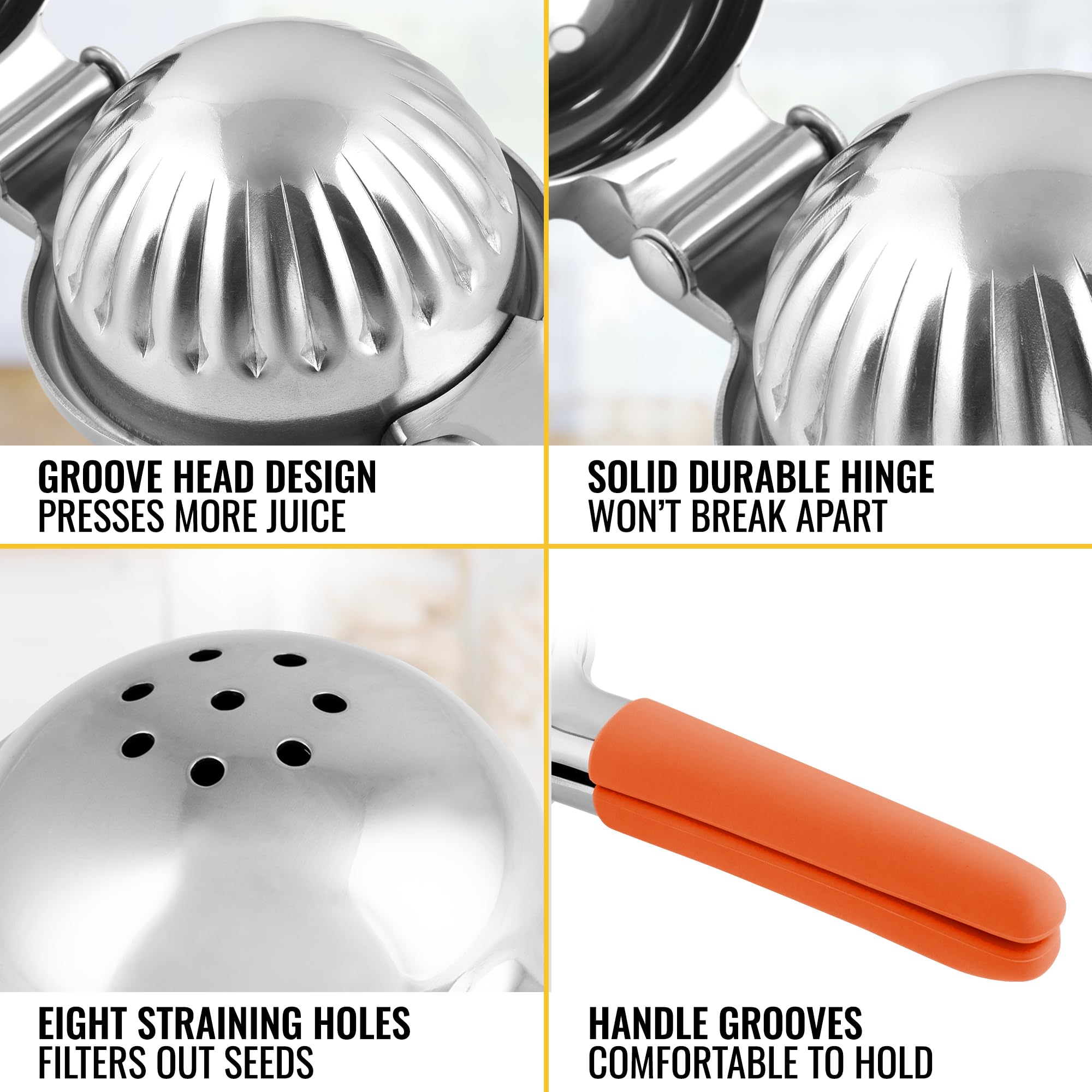Premium Stainless Steel Lemon Squeezer - Heavy Duty Manual Citrus Juicer with Non-Slip Silicone Handles for Lemons, Limes & Oranges | Perfect for Fresh Juice, Cocktails & Cooking | Durable Kitchen Tool for Bars, Restaurants & Home Use