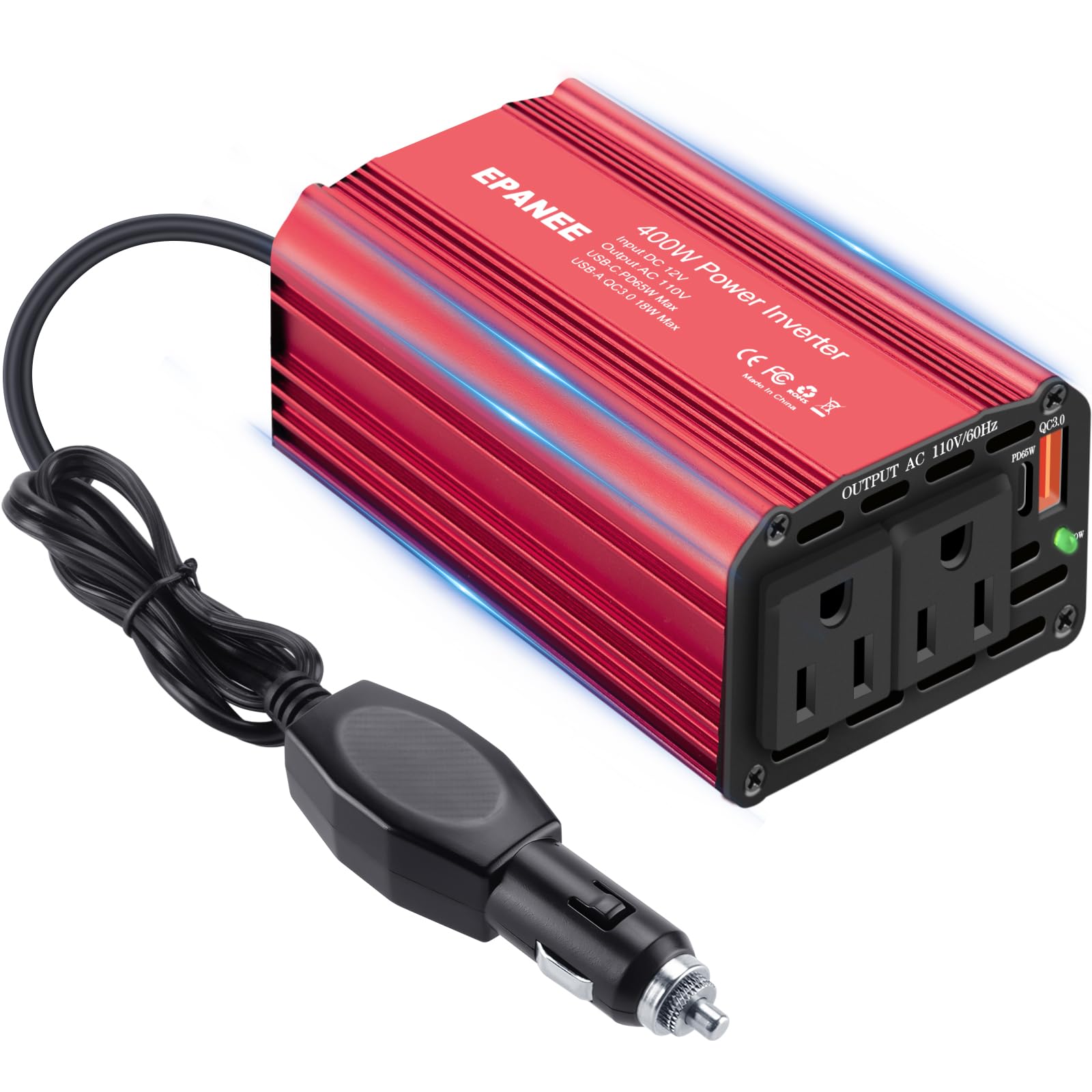 400W Car Power Inverter with 110V AC Outlet & 65W PD USB-C/18W QC Ports - 12V DC to AC Converter for Laptops, Phones, Camping Gear - Perfect for Road Trips, RVs, Work Trucks & Emergency Power Backup