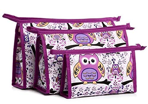 3 Pack Waterproof Makeup Bags for Women - Multifunctional Cosmetic Organizer, Travel Toiletry Pouch & Storage Purse (Purple Owl Design) - Perfect for Travel, Gym & Daily Essentials Organization