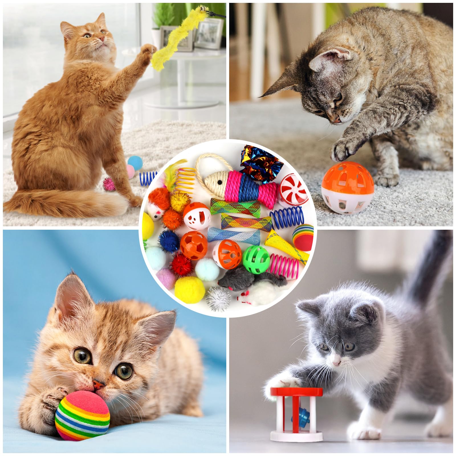 32 Pack Interactive Cat Toys Variety Set for Kittens - Includes Cat Wand, Crinkle Balls, Bell Balls, Spring Toys & Catnip Toys - Perfect for Indoor Cats and Playtime Fun