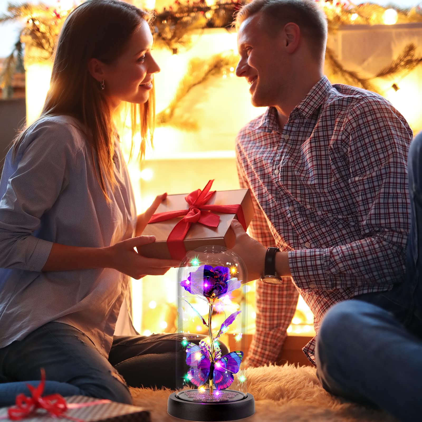 Galaxy Butterfly Rose in Glass Dome - LED Light Up Artificial Flower, Eternal Rose Gift for Women, Mom, Grandma - Valentine's Day, Birthday, Anniversary, Wedding Gift (Purple) - Perfect for Home Decor, Romantic Surprises & Special Occasions