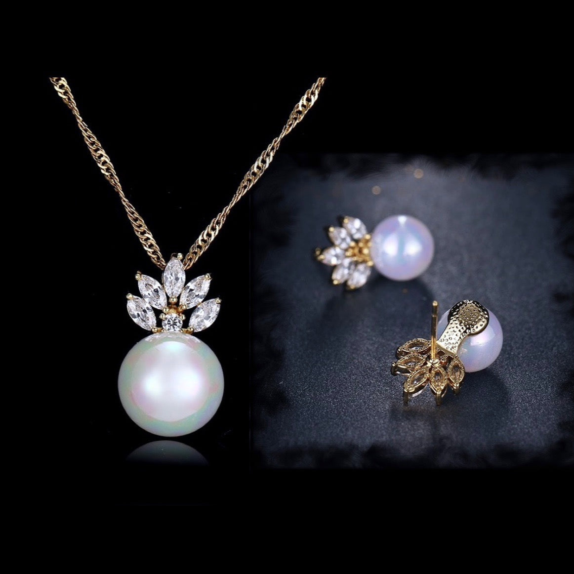 Catherine Pearl & Cubic Zirconia Jewelry Set - Sterling Silver & Gold Plated Necklace & Earrings | Perfect for Weddings, Parties & Special Occasions