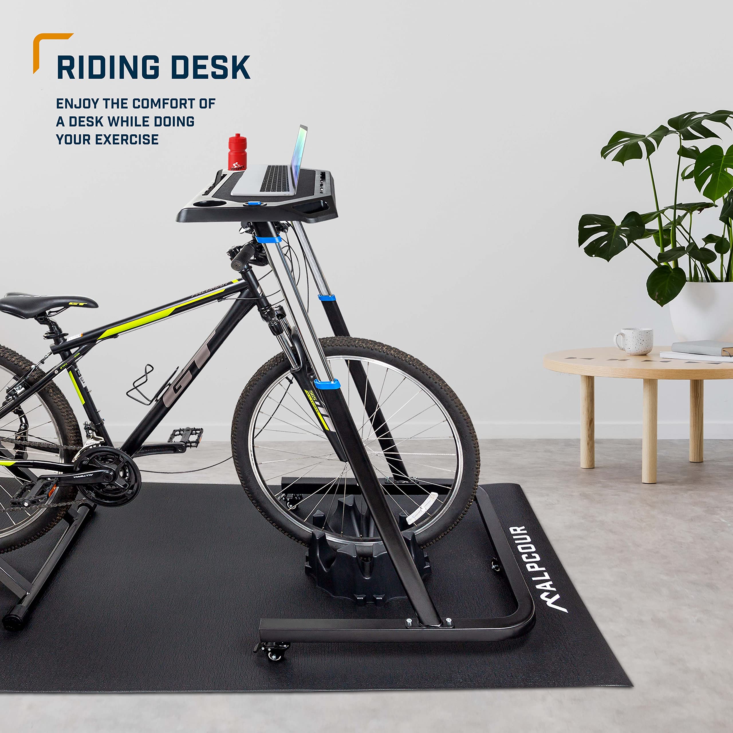 Alpcour Magnetic Bike Trainer Stand - Indoor Cycling Trainer with Portable Fitness Desk & 4-Tier Riser Block - Anti-Skid Design for Home Gym, Workout & Multitasking Office Use