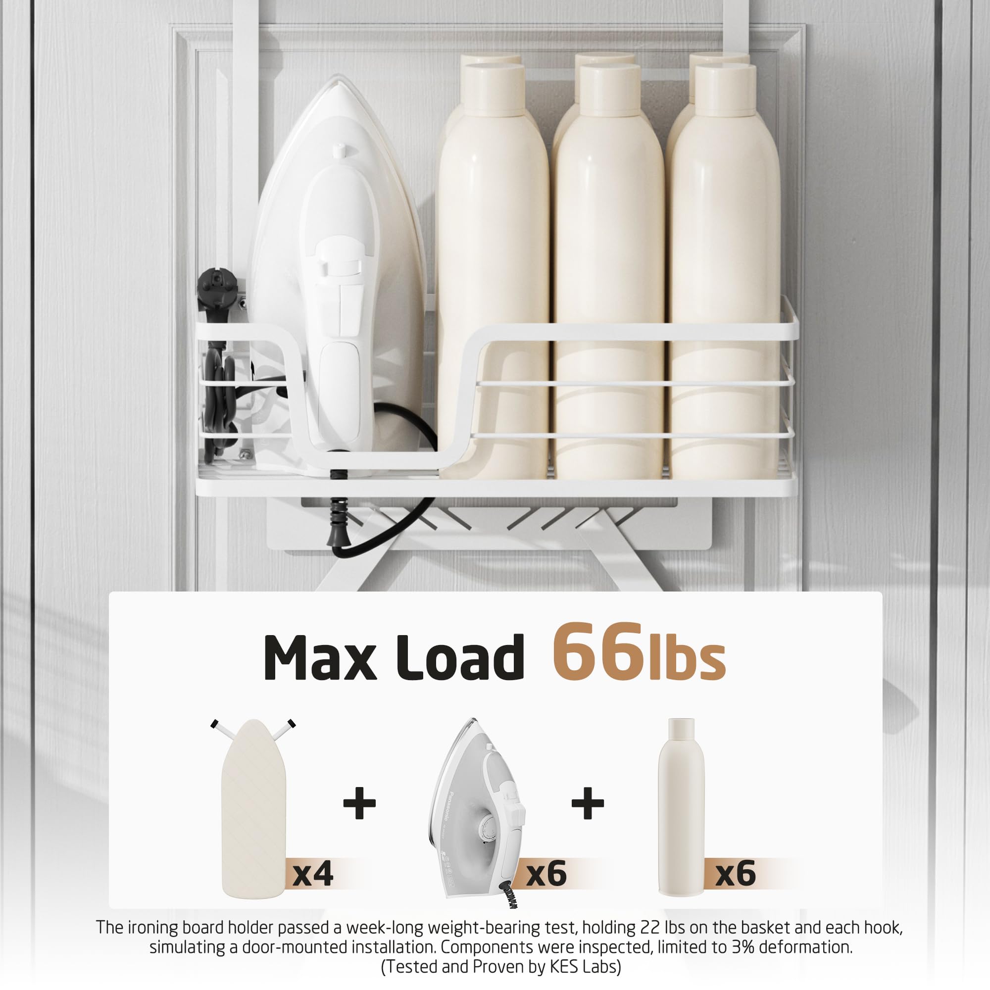 Over The Door Ironing Board Holder - White Ironing Board Hanger with Storage Shelf for 1-3/8