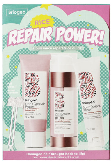 Briogeo Rice Repair Power Holiday Hair Care Set - Deep Conditioning Treatment for Damaged Hair - Perfect for Holiday Gifting & Travel Essentials