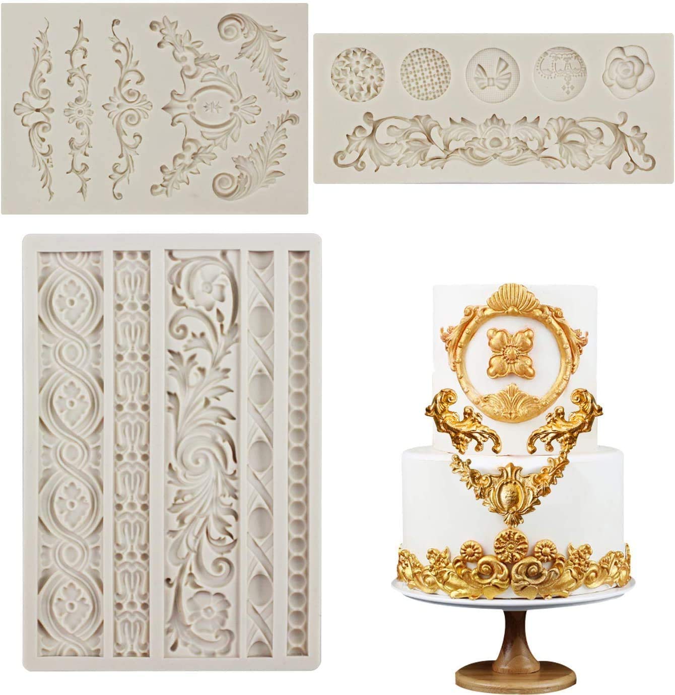 3-Piece Baroque Scroll Border Silicone Fondant Molds - Elegant Lace Design for Cake Decorating, Chocolate, Candy & Polymer Clay - Perfect for Wedding Cakes, Cupcakes & DIY Sugar Crafts