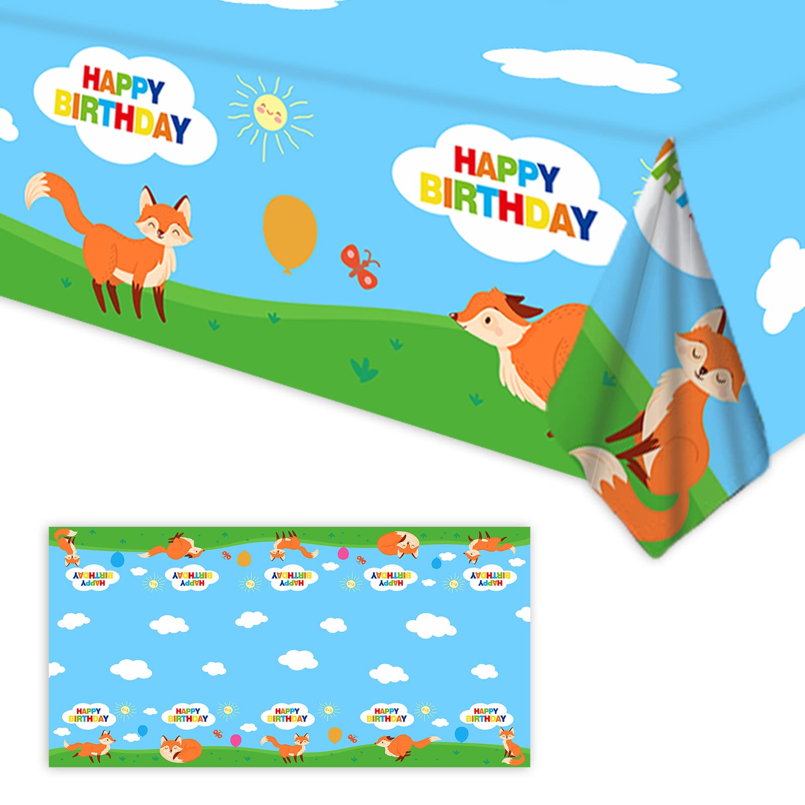Happy Birthday Party Tablecloth - Fox Animal Theme Plastic Table Cover for Baby Shower, Boys & Girls Birthday Party, Picnic, Camping Decorations - Blue Party Supplies (60