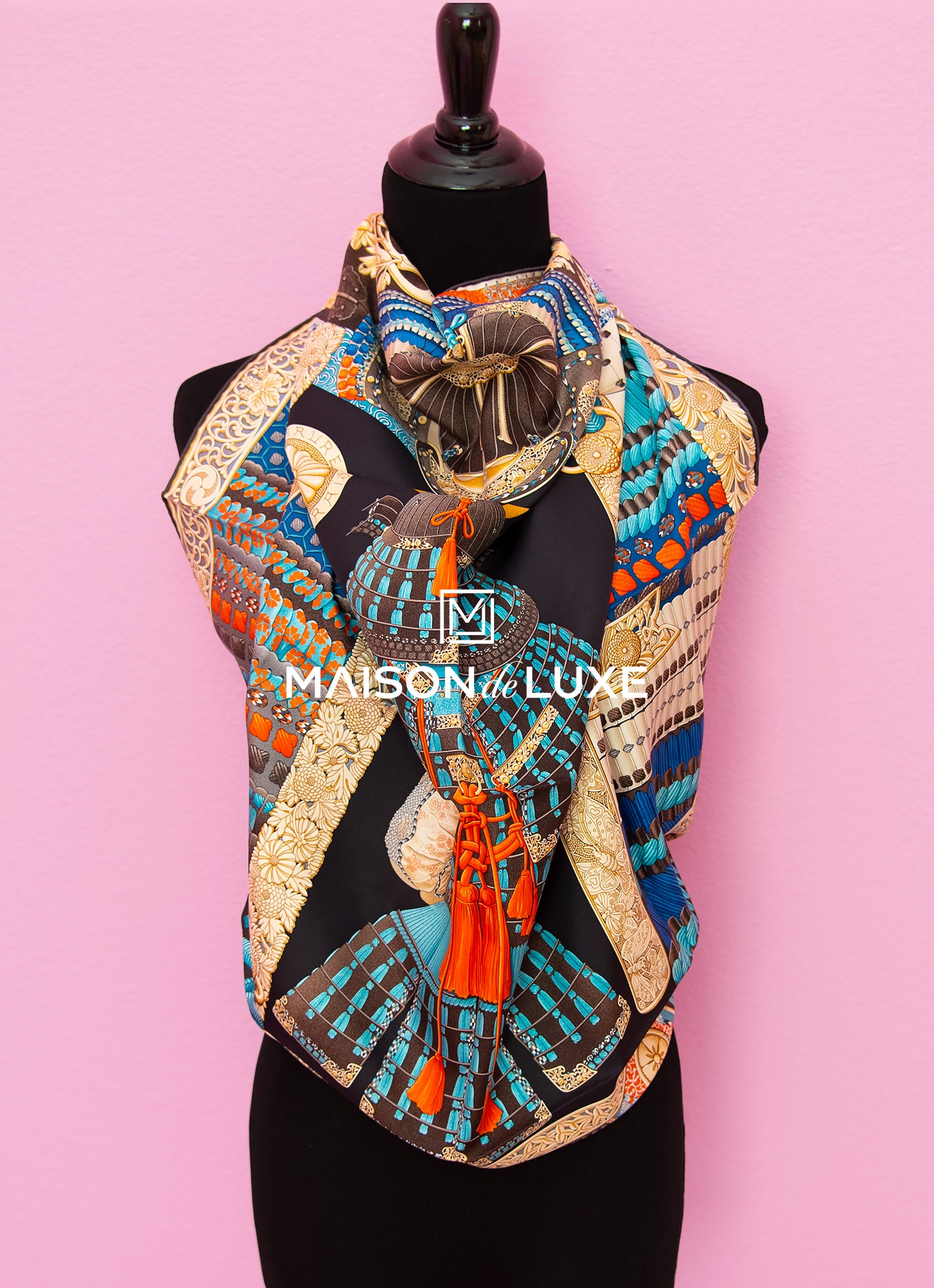 Hermes Parures De Samourais Ebene Twill Silk Scarf 90cm - Luxury Fashion Accessory for Women, Perfect for Special Occasions & Gift Giving