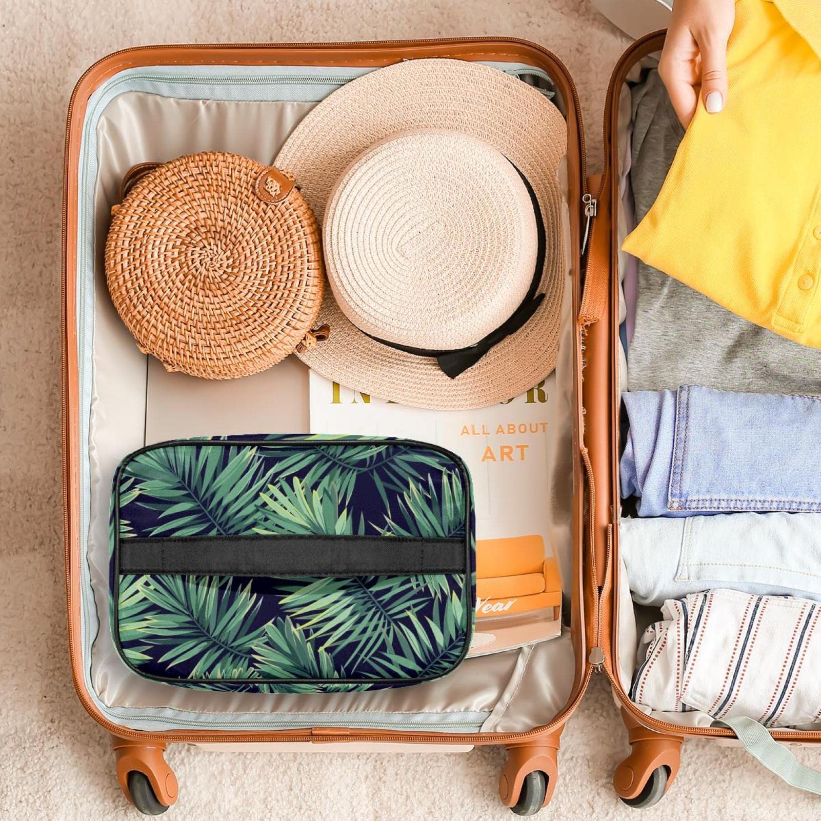 Waterproof Tropical Leaf Print Makeup Bag for Travel - Portable Cosmetic Organizer with Zipper, Toiletry Storage Pouch for Women - Perfect for Vacations, Gym & Daily Essentials