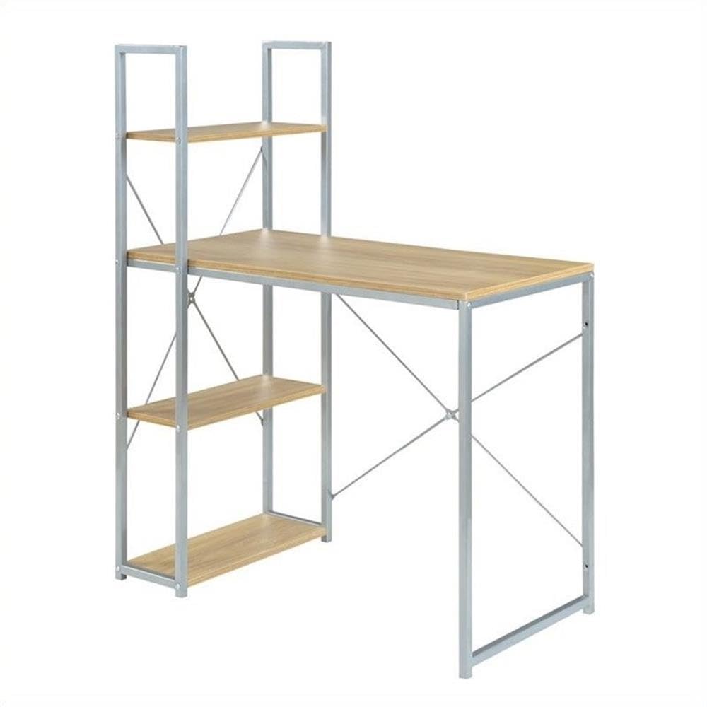 Pemberly Row Office Work Station with Shelves - Off White Light Oak Finish - Modern Home Office Desk with Storage for Small Spaces - Perfect for Remote Work & Study