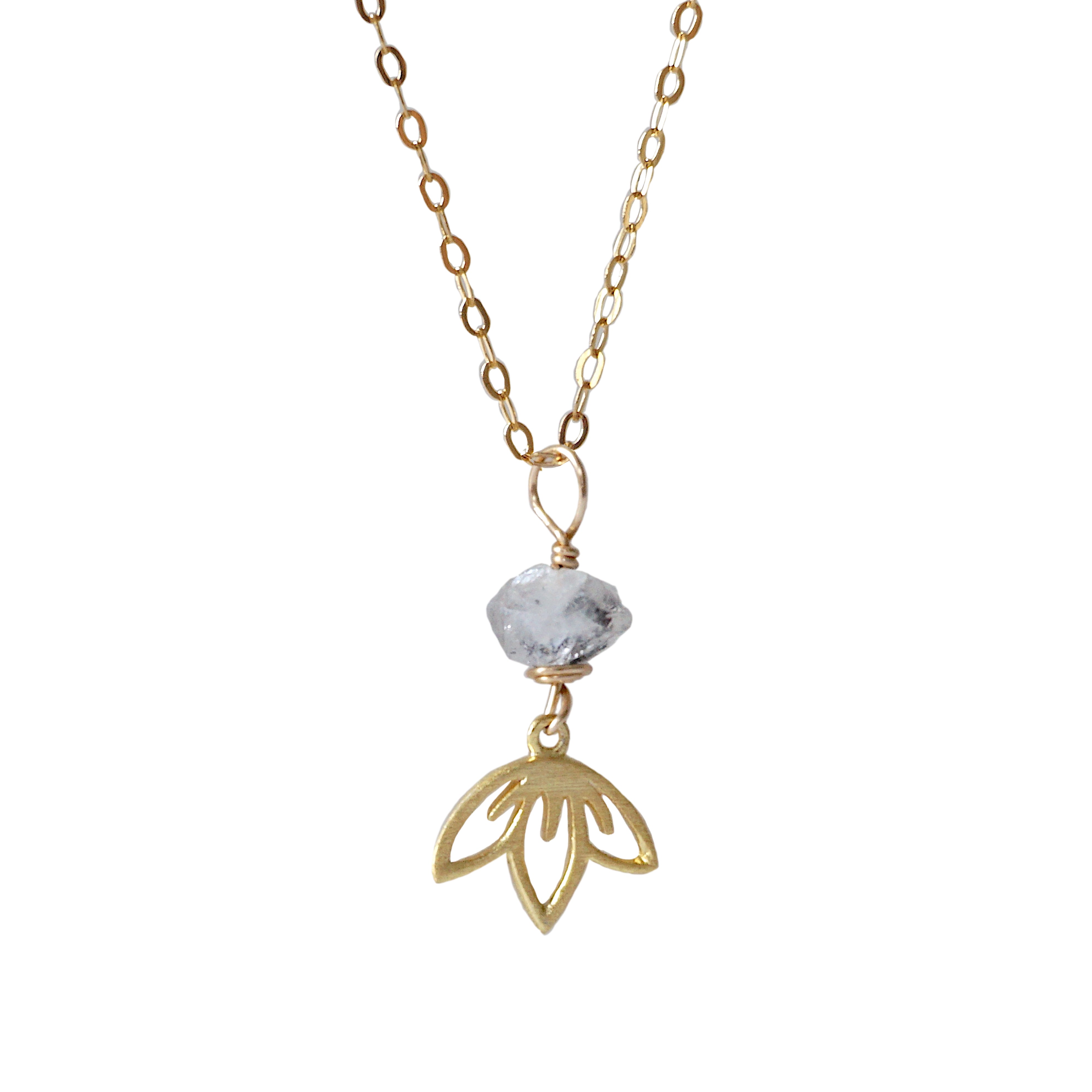 Herkimer Diamond Necklace - 14K Gold Filled Beaded Lotus Charm Pendant Jewelry for Women, Gift for Her, Birthday, Anniversary & Special Occasions