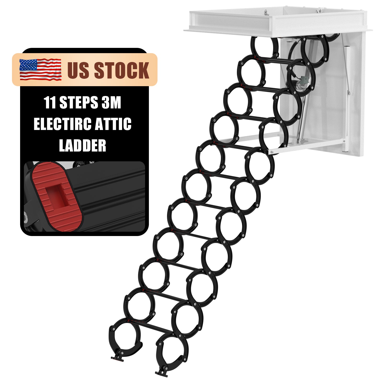 11 Steps 3m Electric Attic Ladder - Aluminum Folding Loft Ladder with Remote Control (31.5