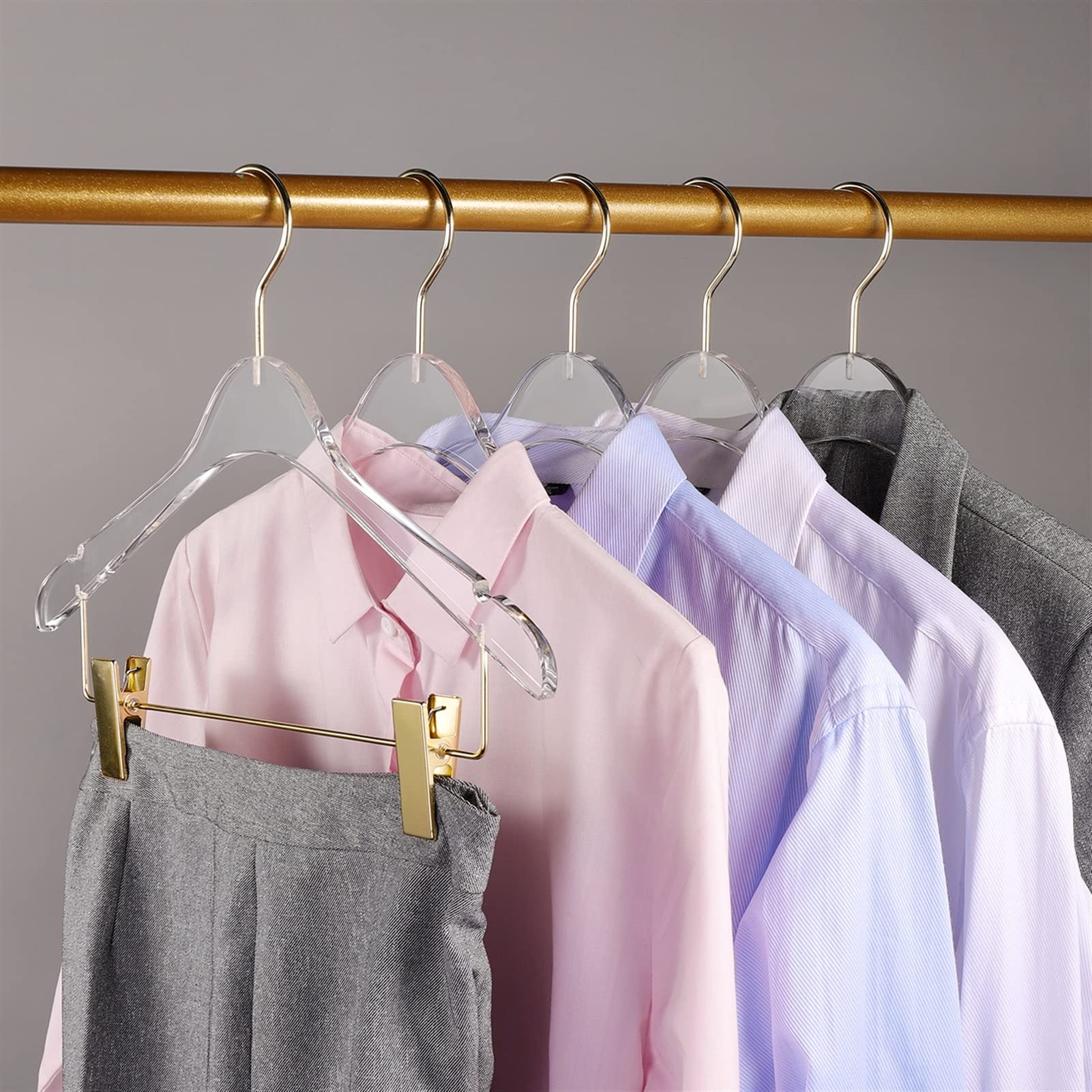 5-Pack Clear Acrylic Clothes Hangers with Clips - Heavy Duty Pants & Skirt Hangers for Wardrobe Organization, Suit Storage, and Drying Rack - Perfect for Closet, Laundry Room, and Retail Store Display (Transparent, 5PCS)