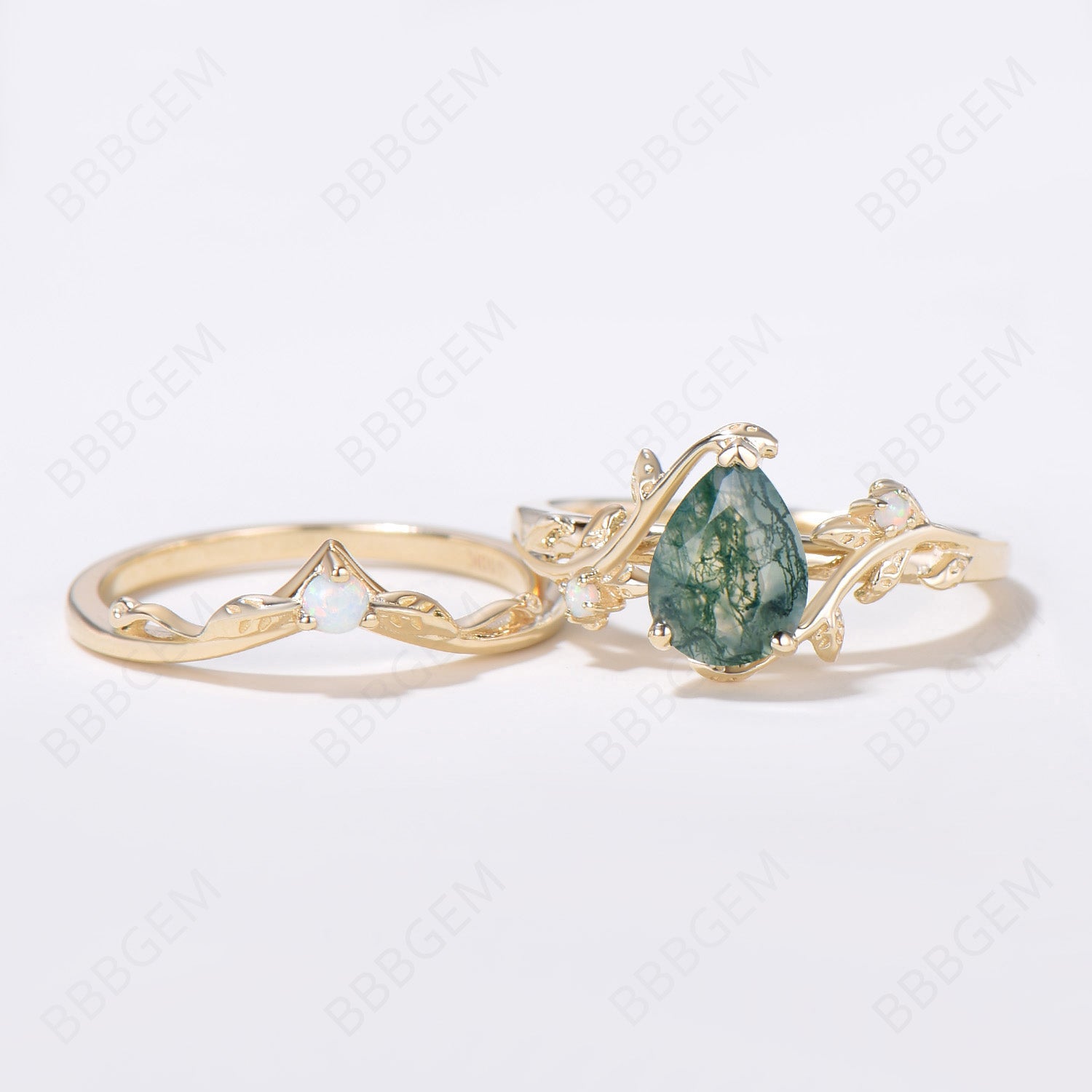 Nature Inspired Twig Leaf Pear Moss Agate Engagement Ring Set - Handcrafted Sterling Silver Wedding Band for Women - Perfect for Outdoor Weddings & Nature-Themed Proposals