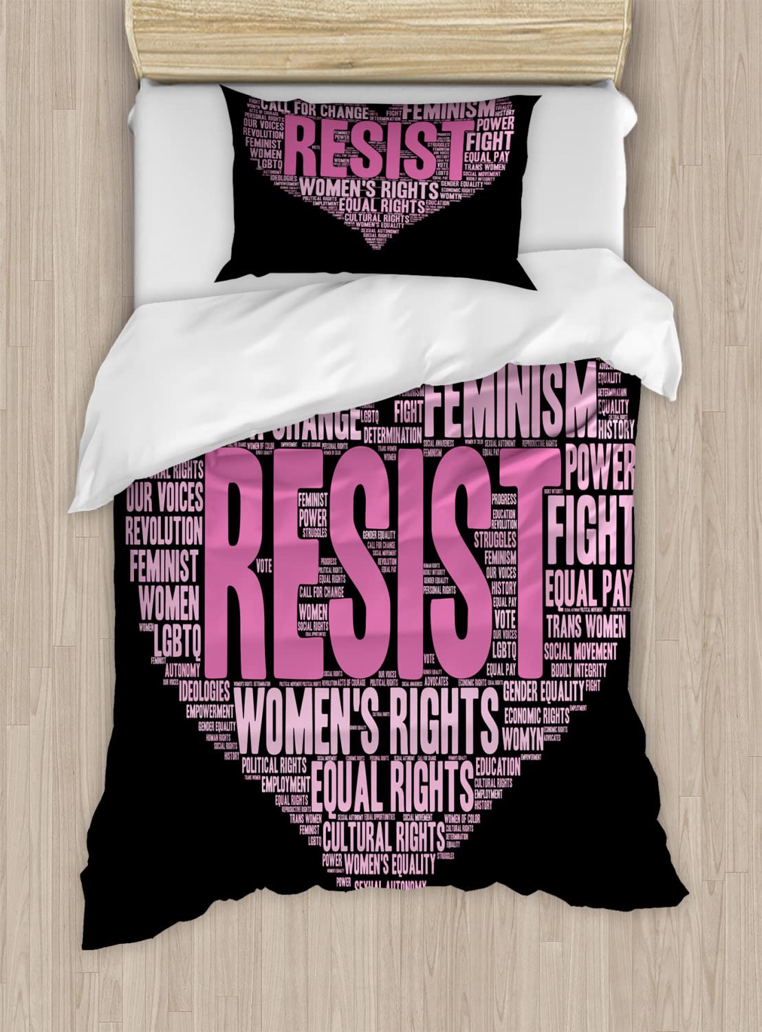 Ambesonne Feminist Duvet Cover Set - Queen Size 2-Pack with Heart-Shaped Collage for Gender Equality Awareness | Pink, Black & Rose Bedding Includes 2 Duvet Covers & 4 Pillowcases | Perfect for Women's Rights Supporters & Modern Bedroom Decor