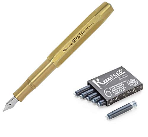 Kaweco AL Sport Fountain Pen with Medium Nib - Brass Body Gift Set Includes 6 Black Ink Cartridges | Perfect for Writing, Journaling & Professional Use