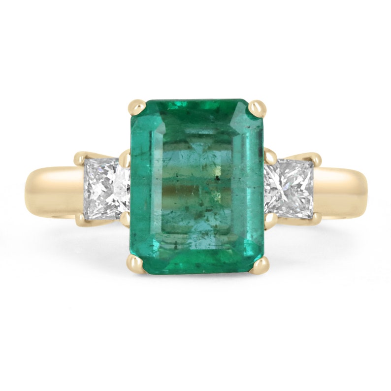 4.17tcw 14K Gold Natural Emerald Princess Cut Diamond Three Stone Ring - Elegant Semi-Transparent Jewelry for Engagement, Anniversary & Special Occasions
