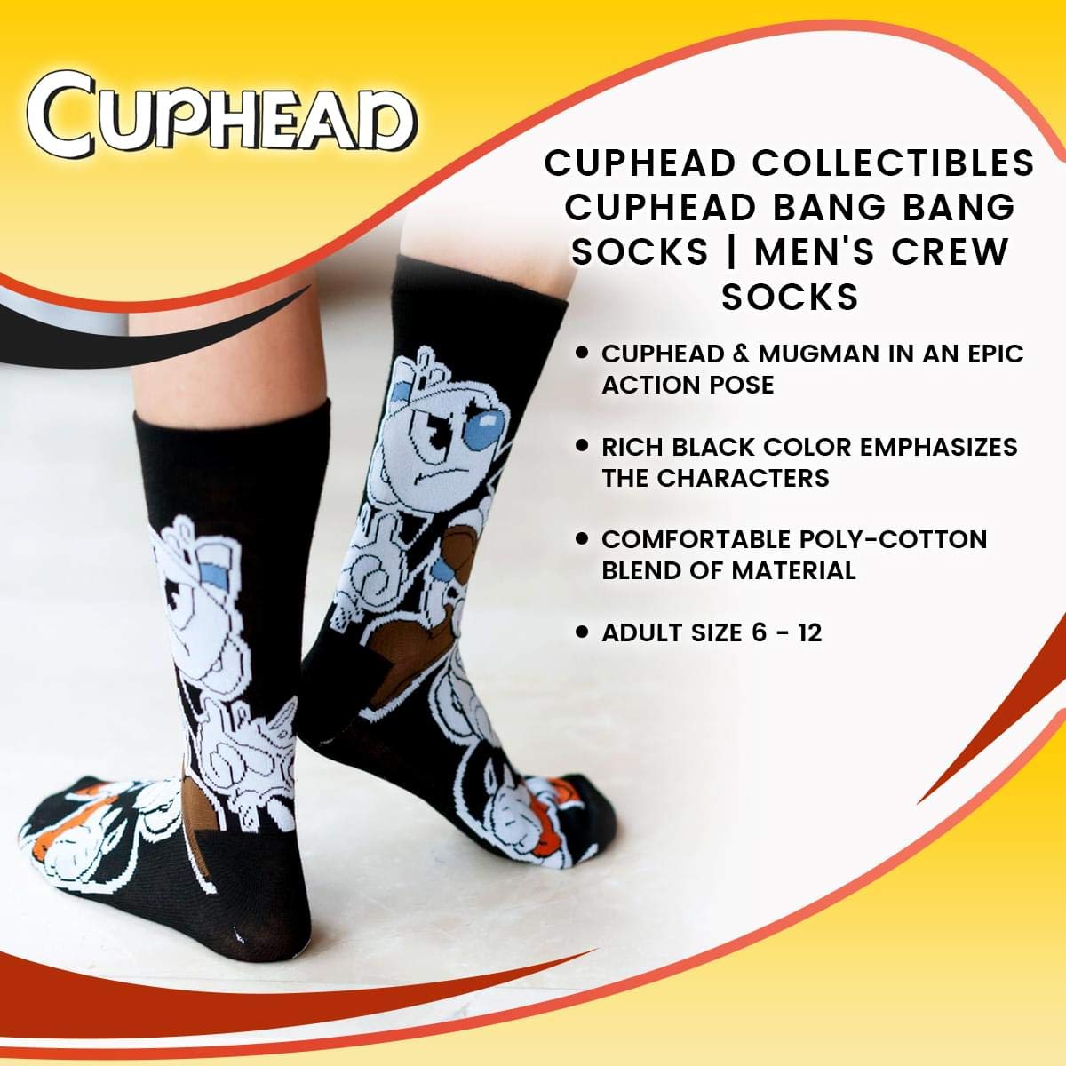 Cuphead Collectible Socks for Men - Officially Licensed Bang Bang Crew Socks - Perfect for Gaming, Cosplay, and Everyday Wear