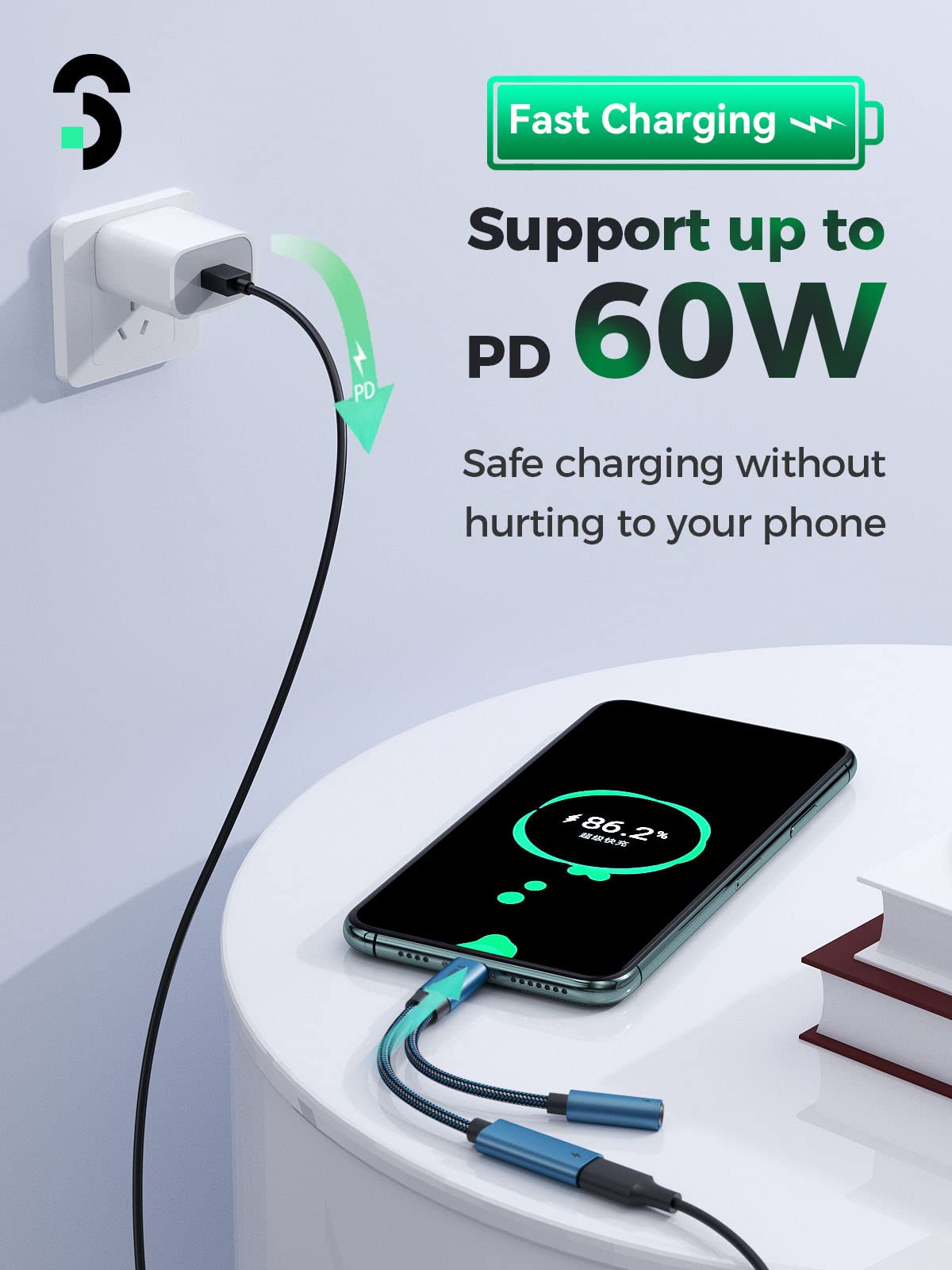 SOOMFON 2-in-1 USB C to 3.5mm Headphone Jack & PD 60W Fast Charging Adapter - Compatible with iPad Pro 2020, Galaxy S20+, Pixel 4 XL - Blue | Perfect for Travel, Work & Gaming with Simultaneous Audio & Charging