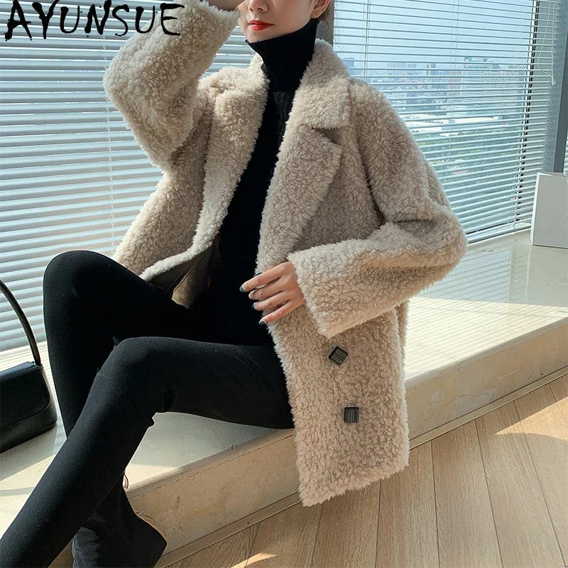 AYUNSUE Women's Short Real Sheep Shearling Coat - Winter Wool Jacket with Fur Trim, Korean Style Casual Outerwear for Women - Perfect for Cold Weather, Daily Wear, and Fashion Outfits