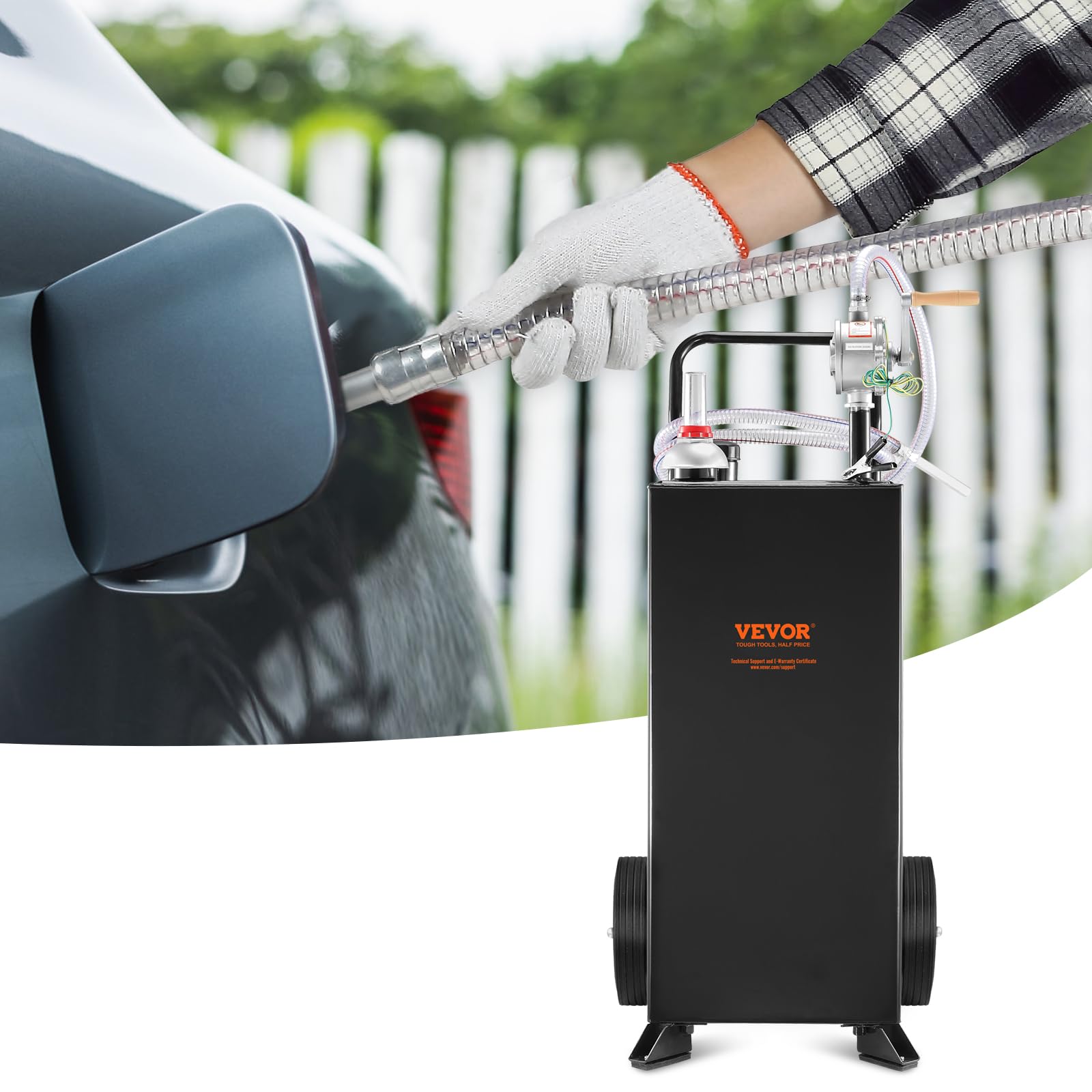 VEVOR 30 Gallon Portable Gas Caddy with Manual Pump - Heavy Duty Fuel Storage Tank for Gasoline & Diesel - 2-Wheel Design for Cars, ATVs, Lawn Mowers, Boats - Ideal for Garage, Farm & Outdoor Use